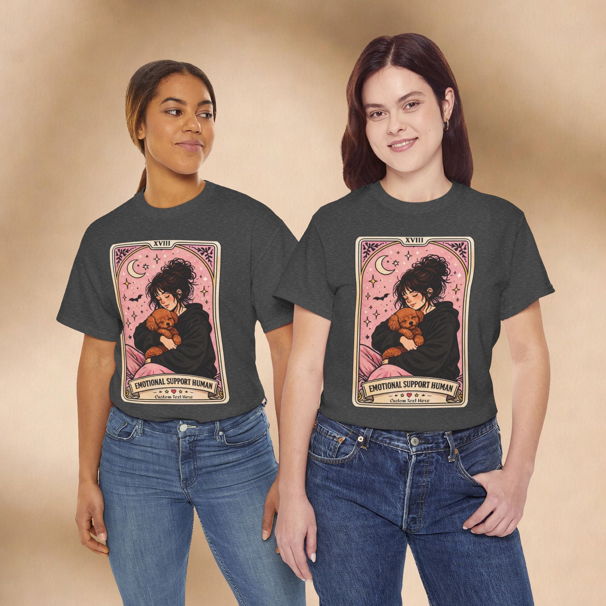 Personalized human T-shirt featuring a funny dog mom design with tarot and poodle motifs, ideal for emotional support and anxiety comfort.