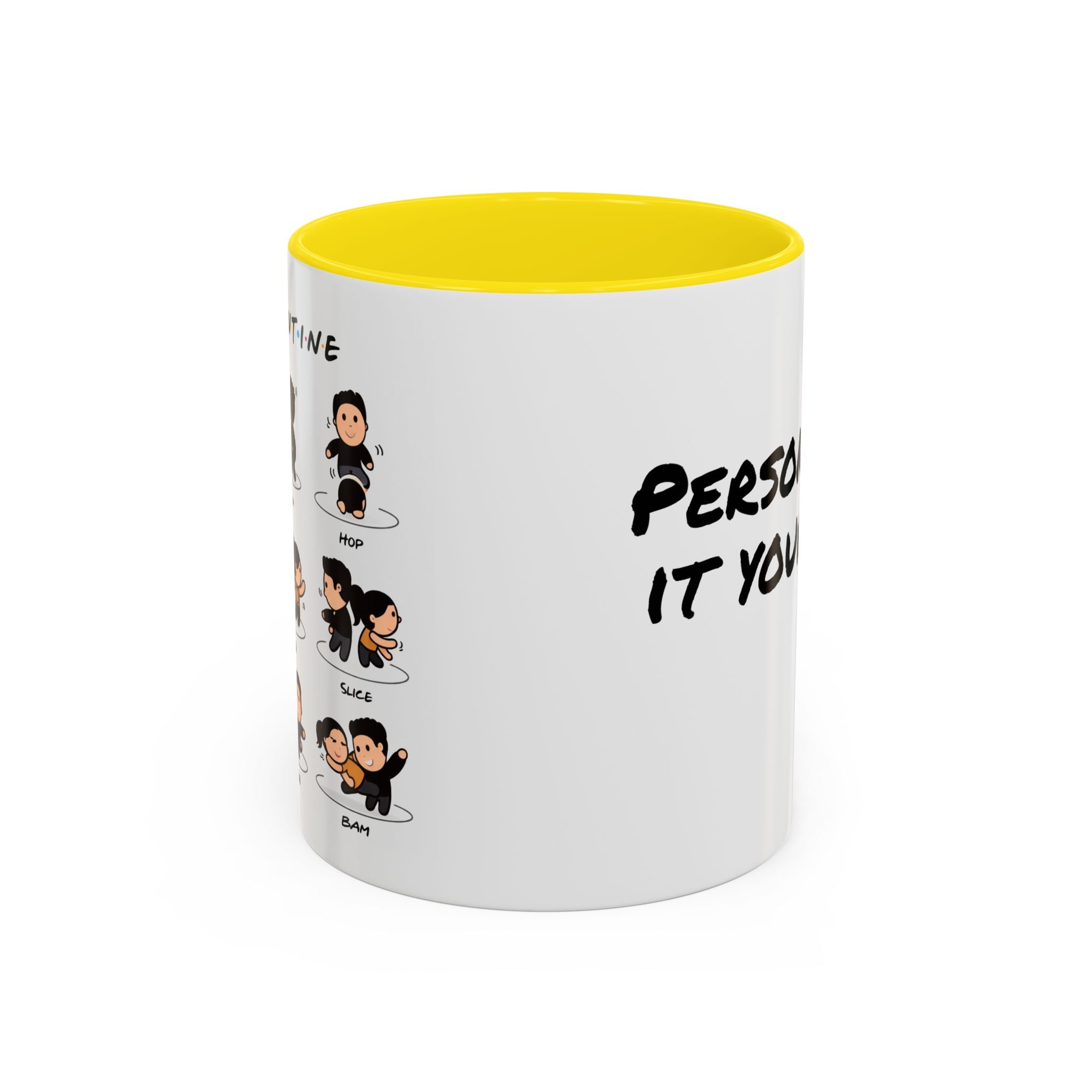 Friends-inspired funny "The Routine" accent coffee mug with orange handle and printed design, perfect for fans of the TV show.