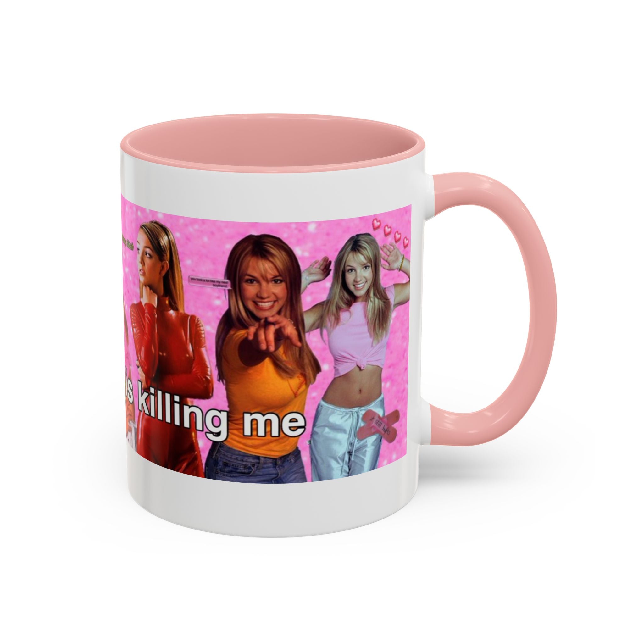 Y2K Britney collage accent coffee mug with "My Government is killing me" slogan, featuring vibrant Britney Spears images and design details.