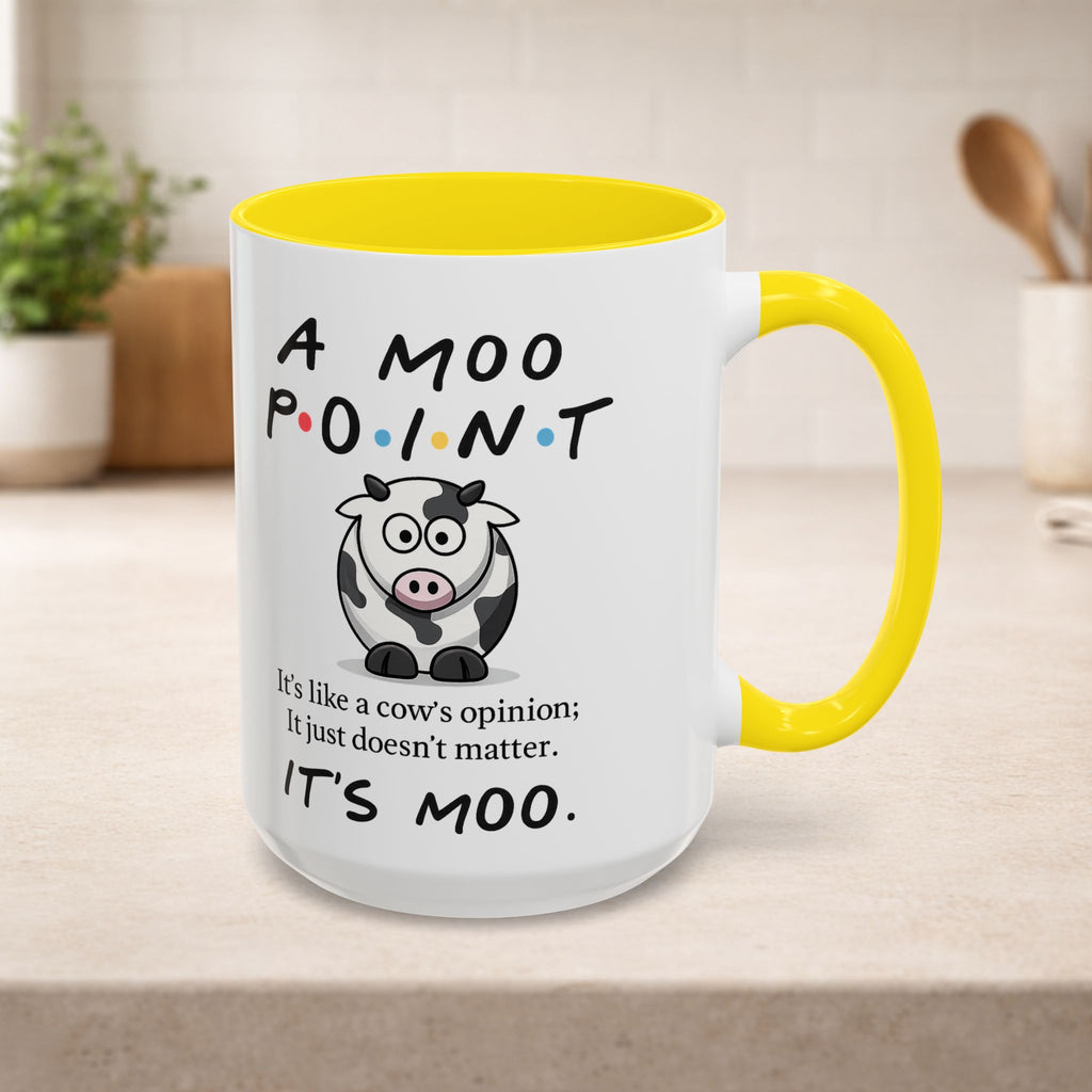 Printify Friends Moo Point Mug featuring a humorous cow graphic and the phrase "Moo Point" on a ceramic coffee mug.