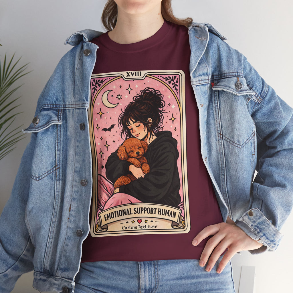 Personalized emotional support T-shirt featuring a funny dog mom tarot design, perfect for Poodle moms and anxiety comfort.