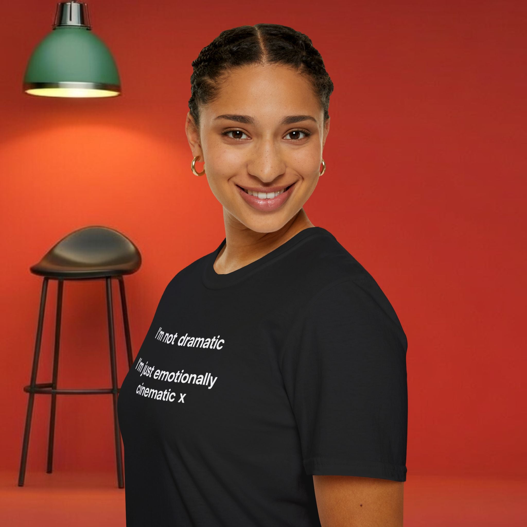 Black T-shirt with "I'm Not Dramatic, I'm Just Emotionally Cinematic" printed in white text, casual style, from Printify.