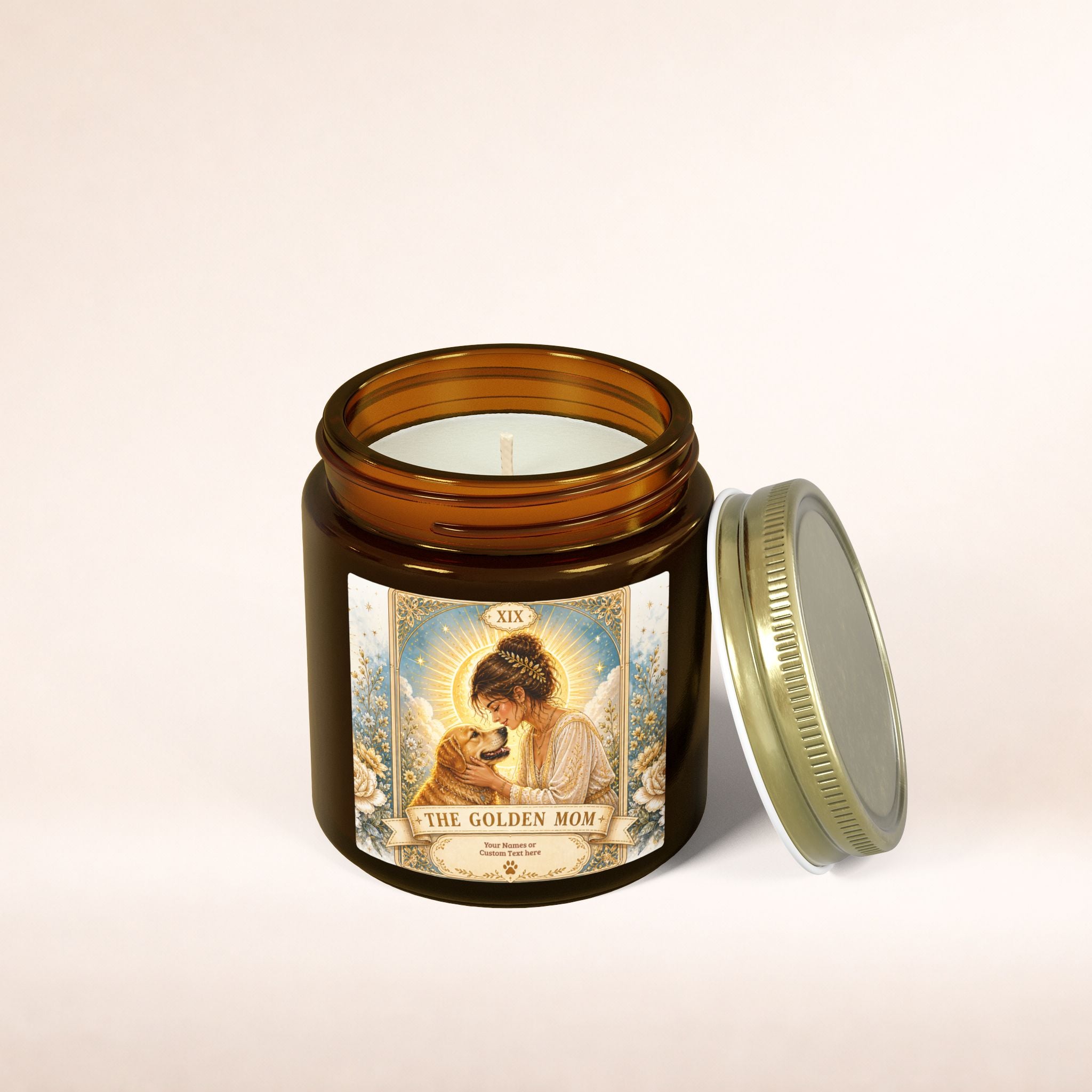 Scented candle labeled "The Golden Mom" with coconut apricot fragrance, in 4oz and 9oz sizes, designed for home decor.