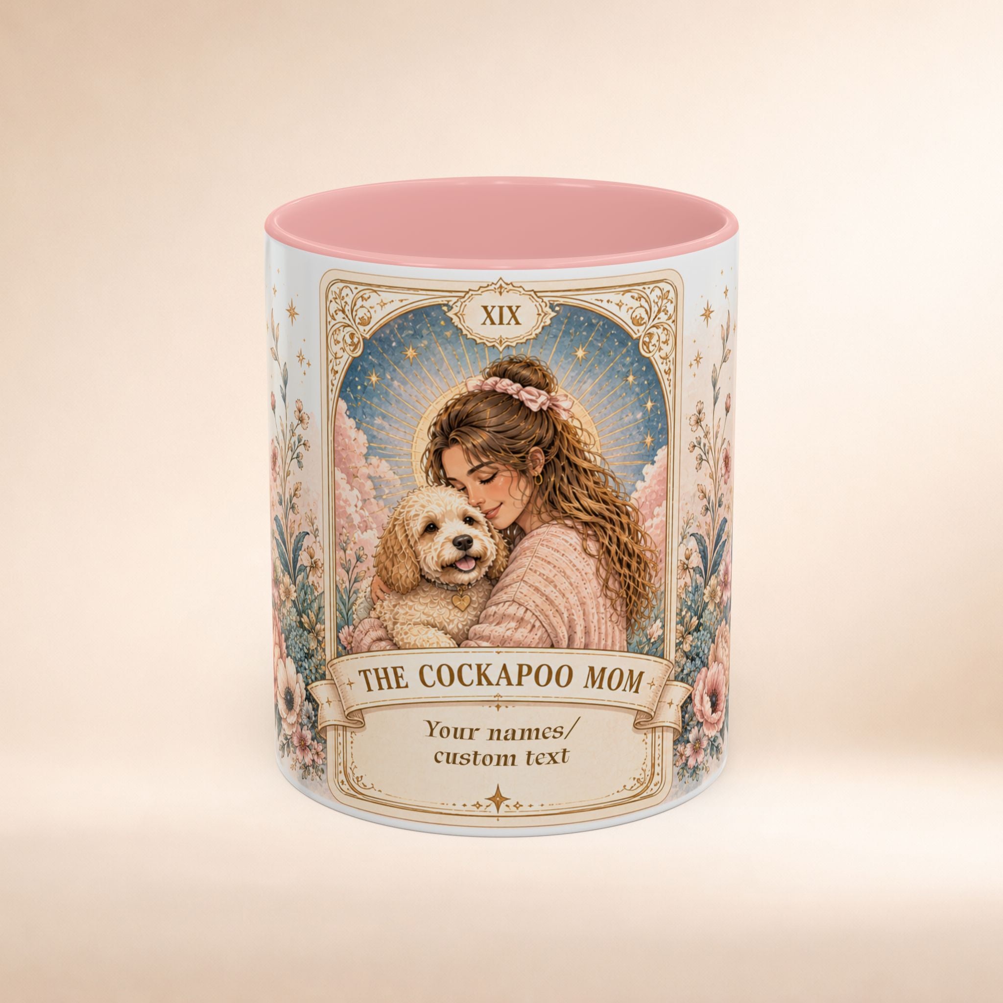 Personalized floral tarot-style dog mom coffee mug featuring 'The Cockapoo Mom' text in 11oz size, custom dog mom gift.