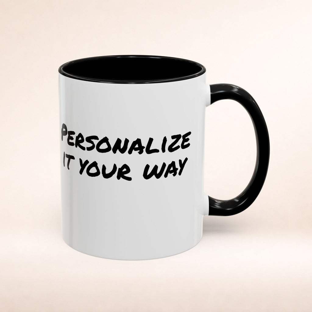 Friends-inspired funny "The Routine" accent coffee mug with cartoon-style design and humorous quote.