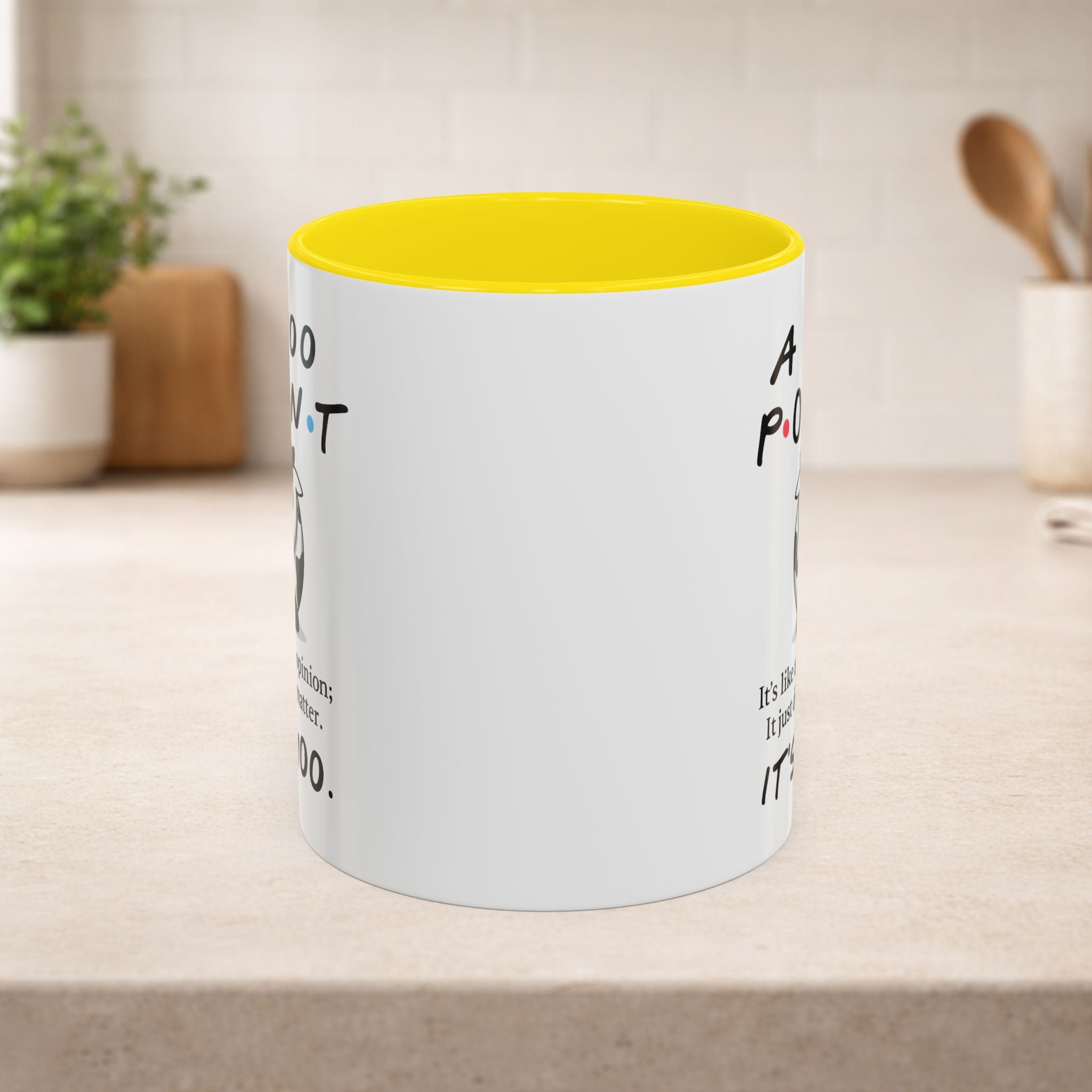 Funny cow opinion coffee mug with "Moo Point" phrase, Printify branded ceramic mug for coffee or tea.