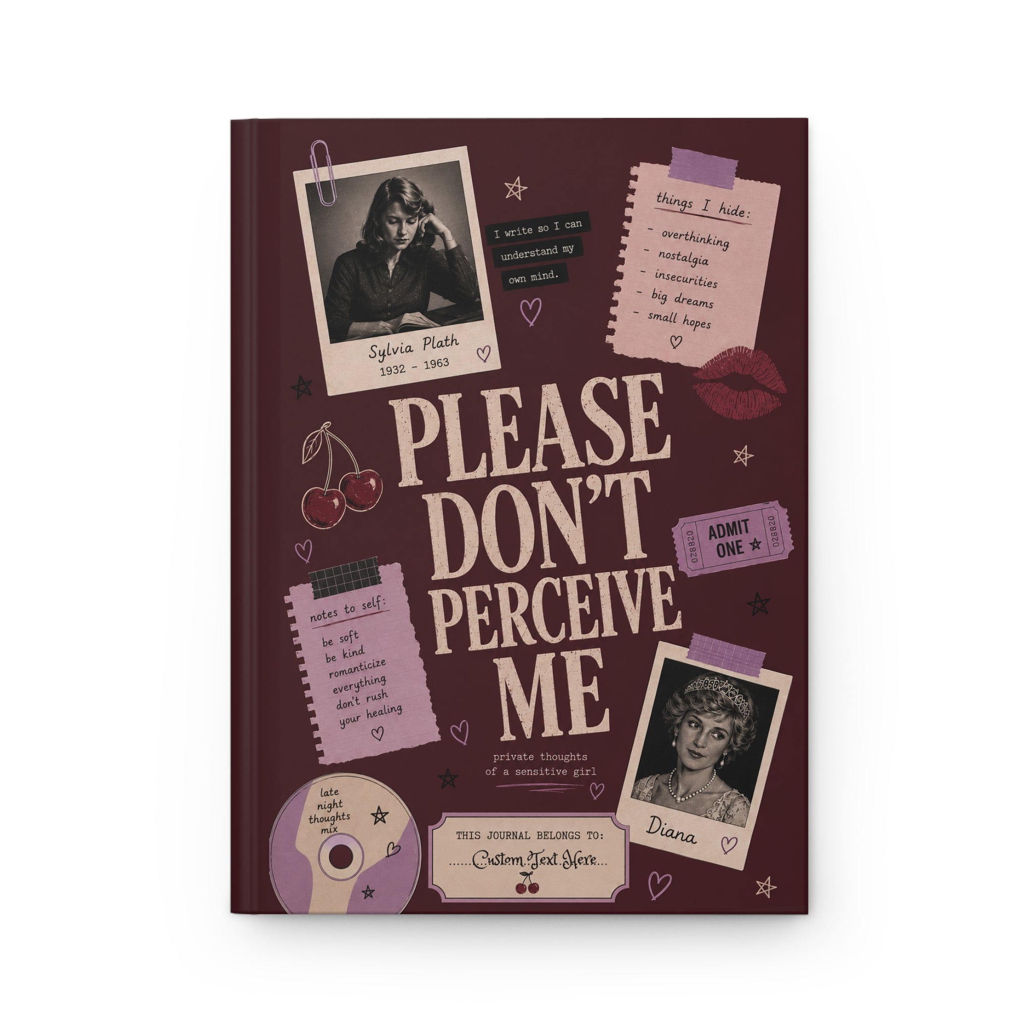 Personalized Sylvia Plath-inspired journal with "Please Don’t Perceive Me" cover, hardcover notebook for writing and journaling.