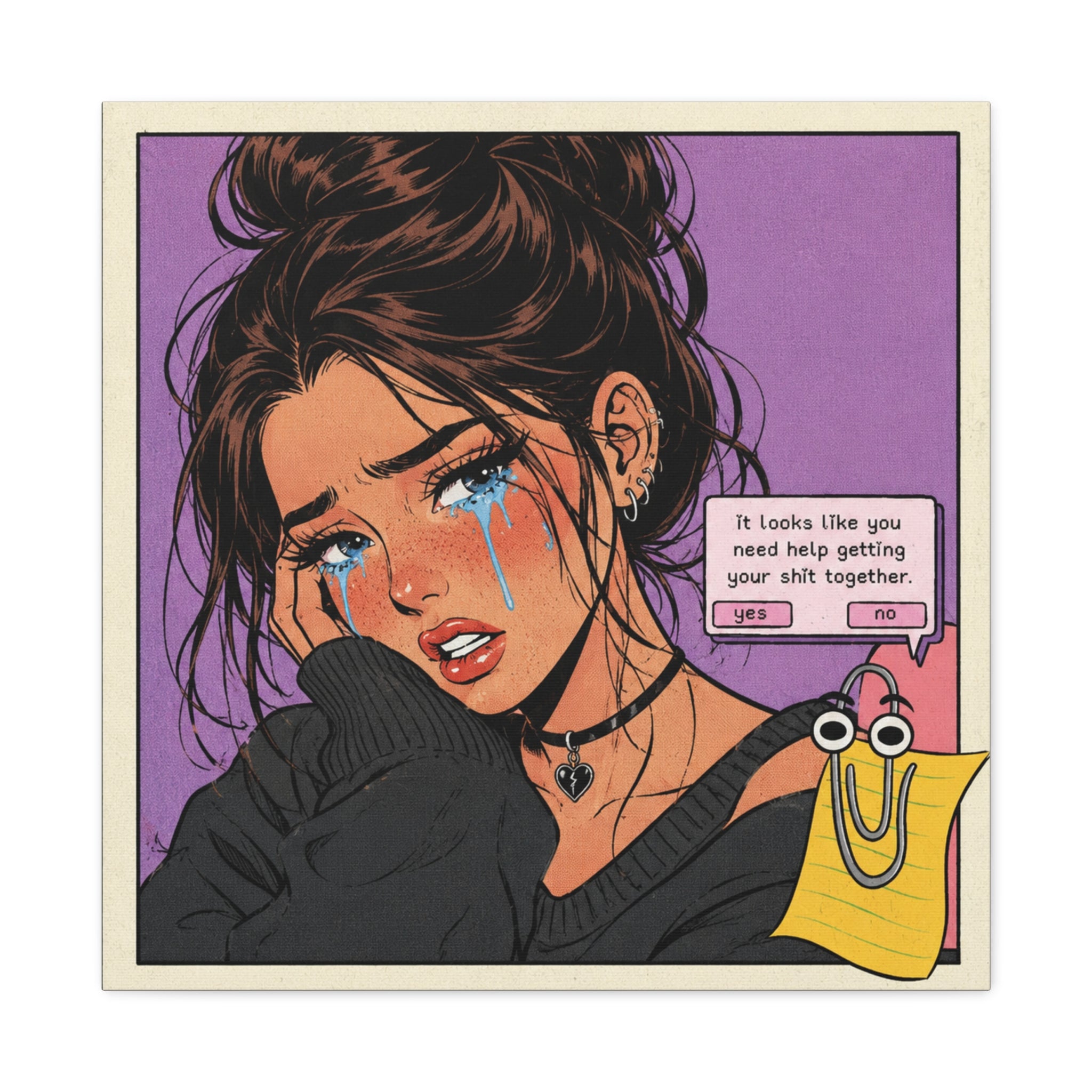 Retro Sad Girl Pop Art canvas print featuring bold text and vibrant colors, ideal for modern wall decor.