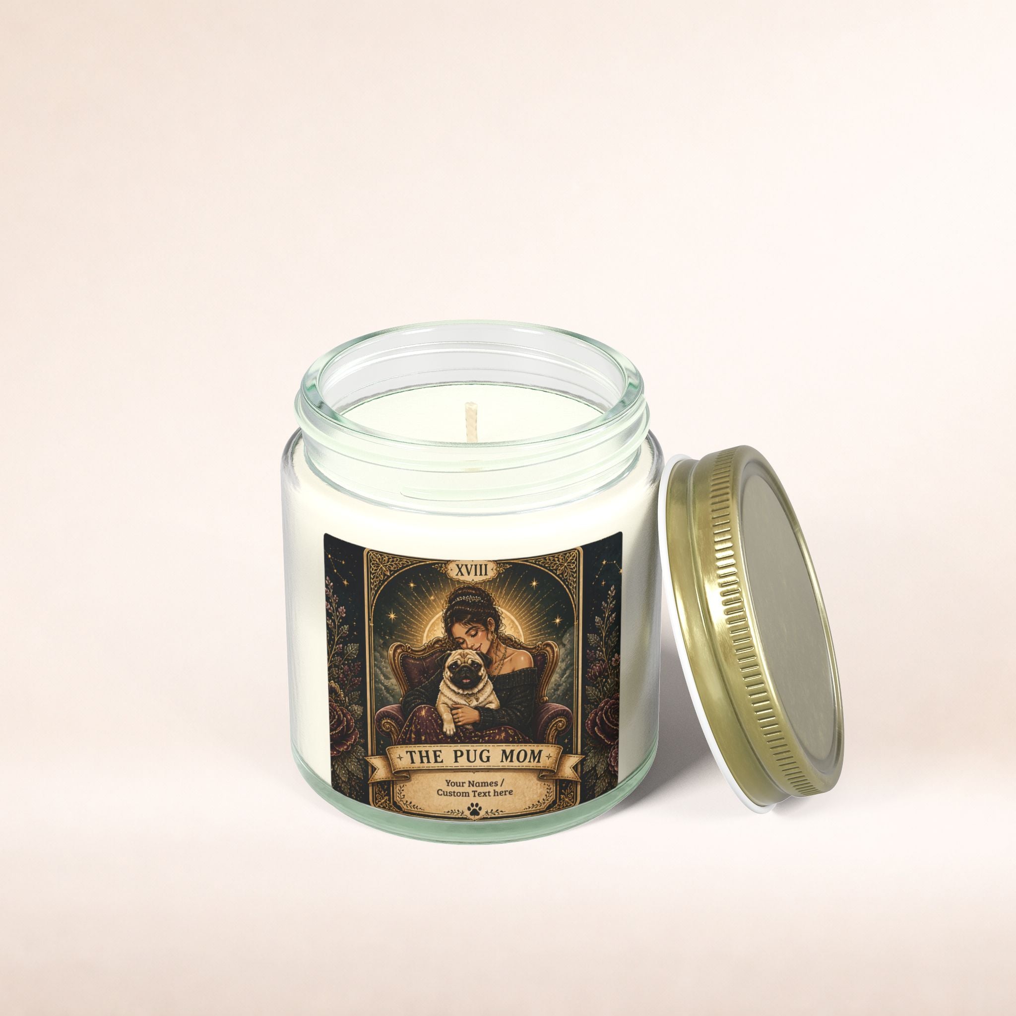 Custom scented candle featuring Tarot 'The Pug Mom' design in coconut apricot scent, available in 4oz and 9oz sizes.