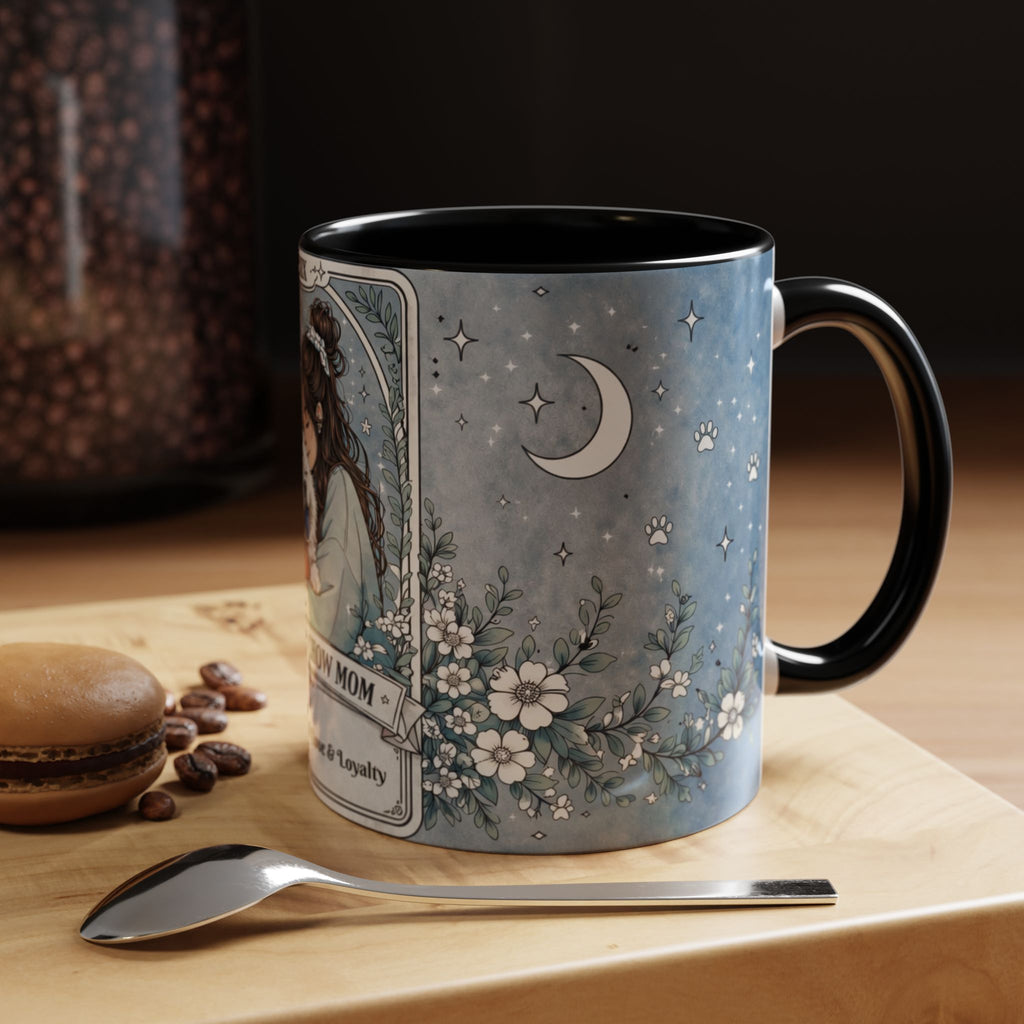 Personalized Chow Chow Mom tarot card coffee mug with custom name, featuring a dog lover design and loyalty theme.