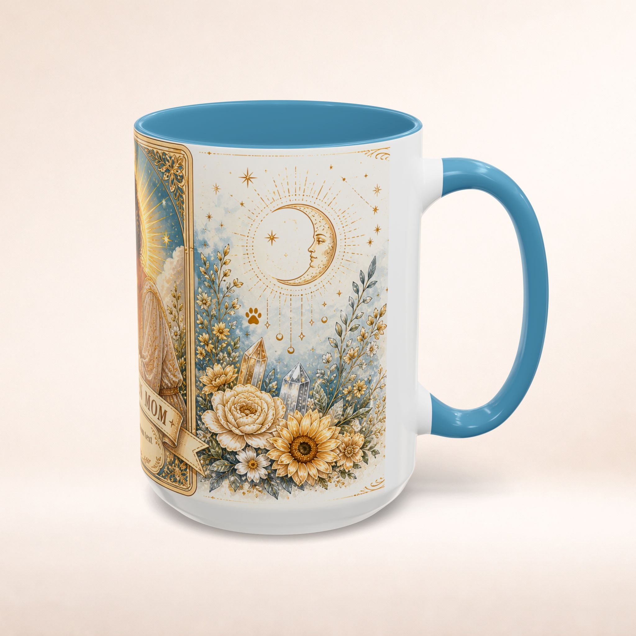 Personalized 'The Golden Mom' tarot card coffee mug featuring a cute dog mom design, perfect for personalized gift-giving.