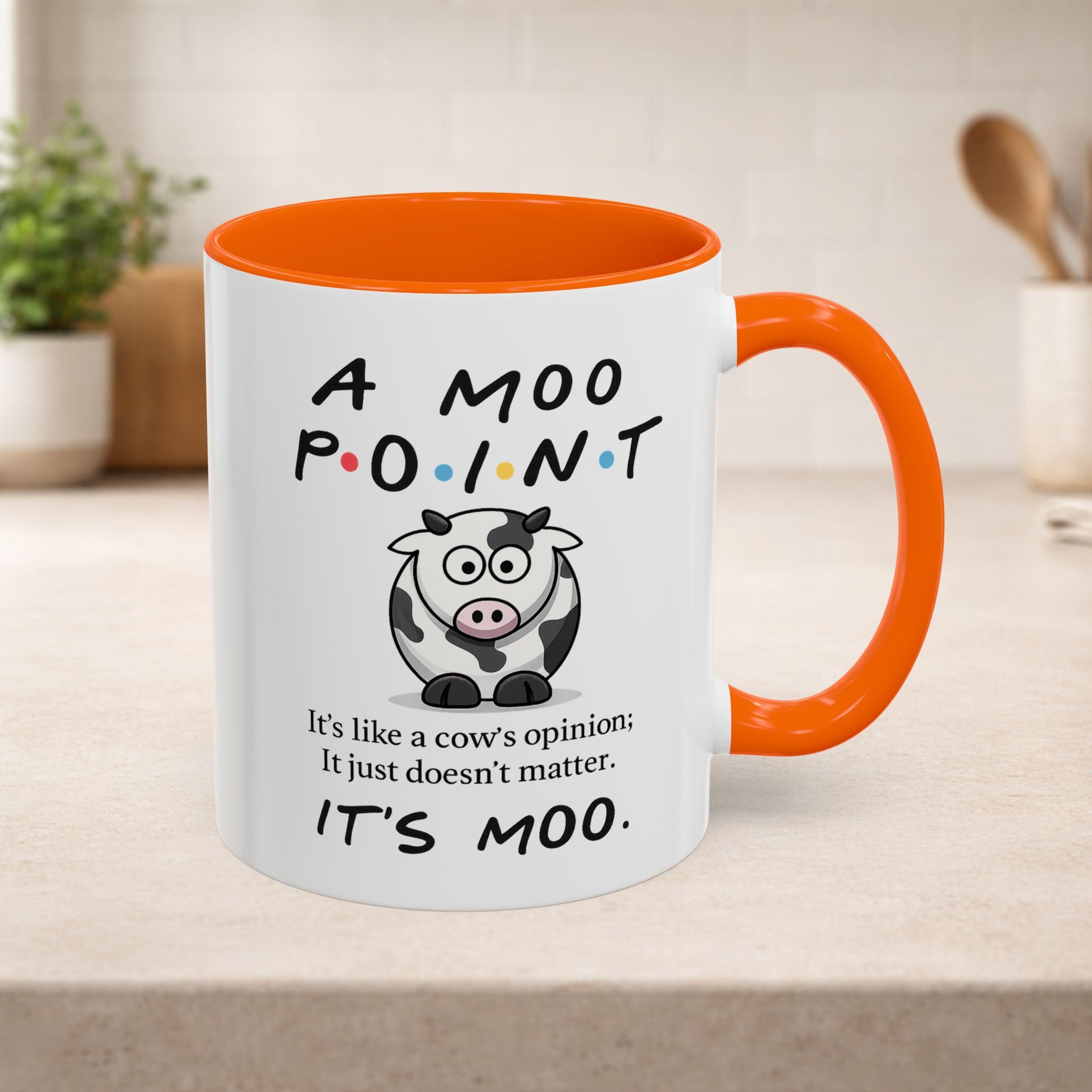 Friends Moo Point Mug featuring a humorous cow opinion design, perfect for coffee or tea enjoyment.