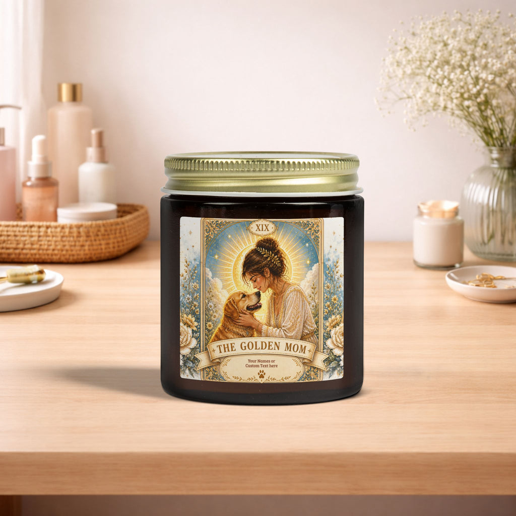 Tarot 'The Golden Mom' scented candle in coconut apricot scent, 4oz or 9oz, featuring elegant home decor design.
