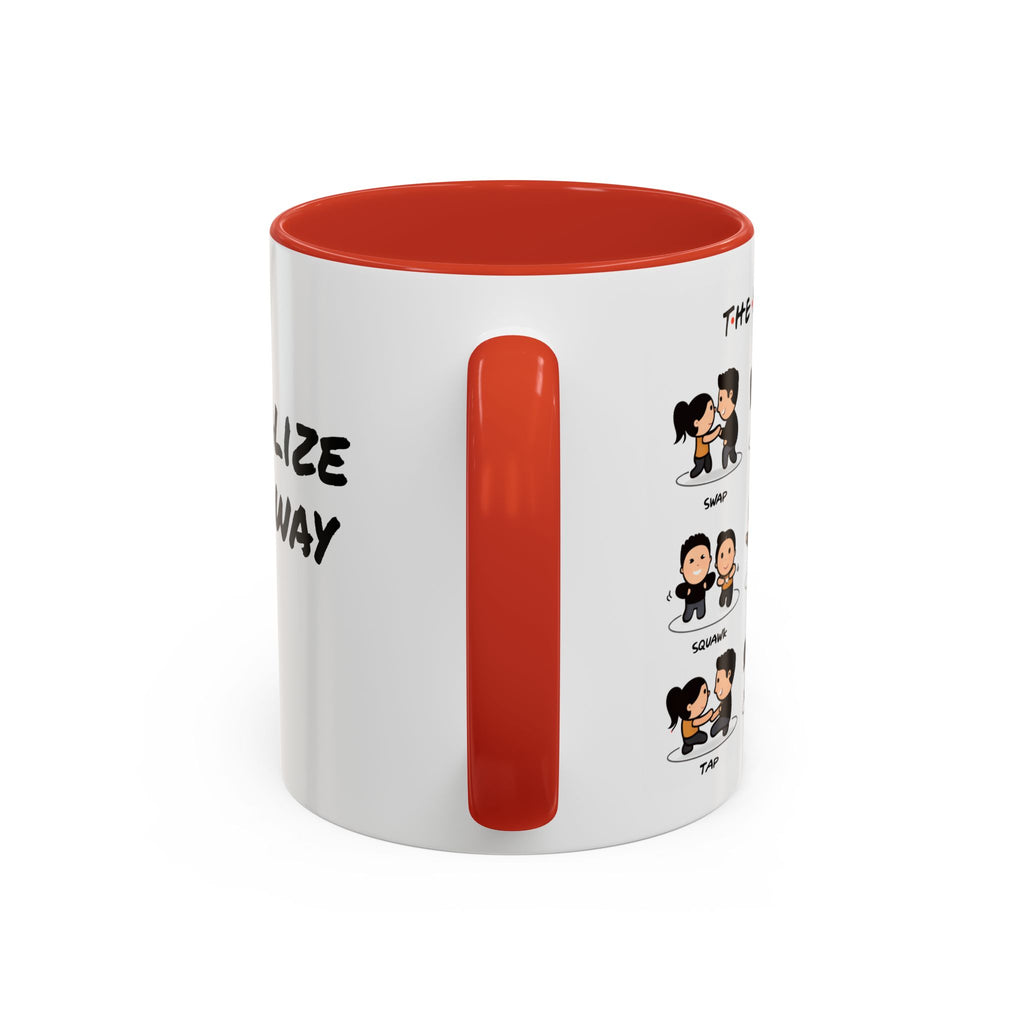Friends-inspired funny "The Routine" accent coffee mug with white ceramic finish and printed humorous design.
