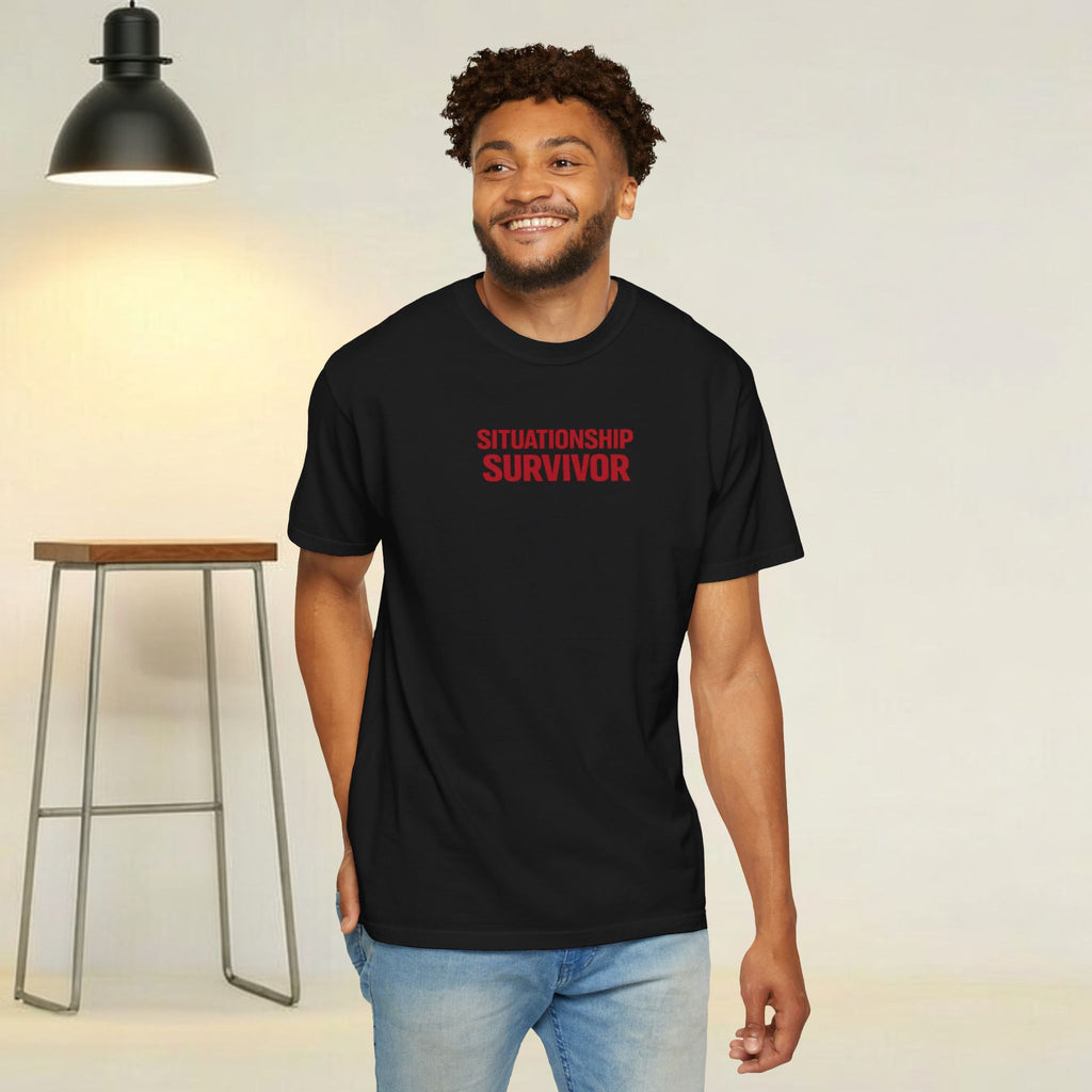 Funny Situationship Survivor T-shirt for women, featuring ironic relationship humor, perfect for single life or breakup gift.