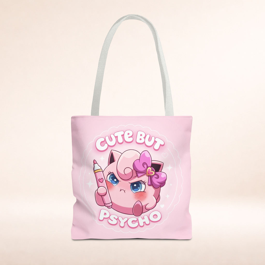 Pink "Cute But Psycho" tote bag with kawaii design, printed by Printify, featuring a stylish and playful shopper bag.
