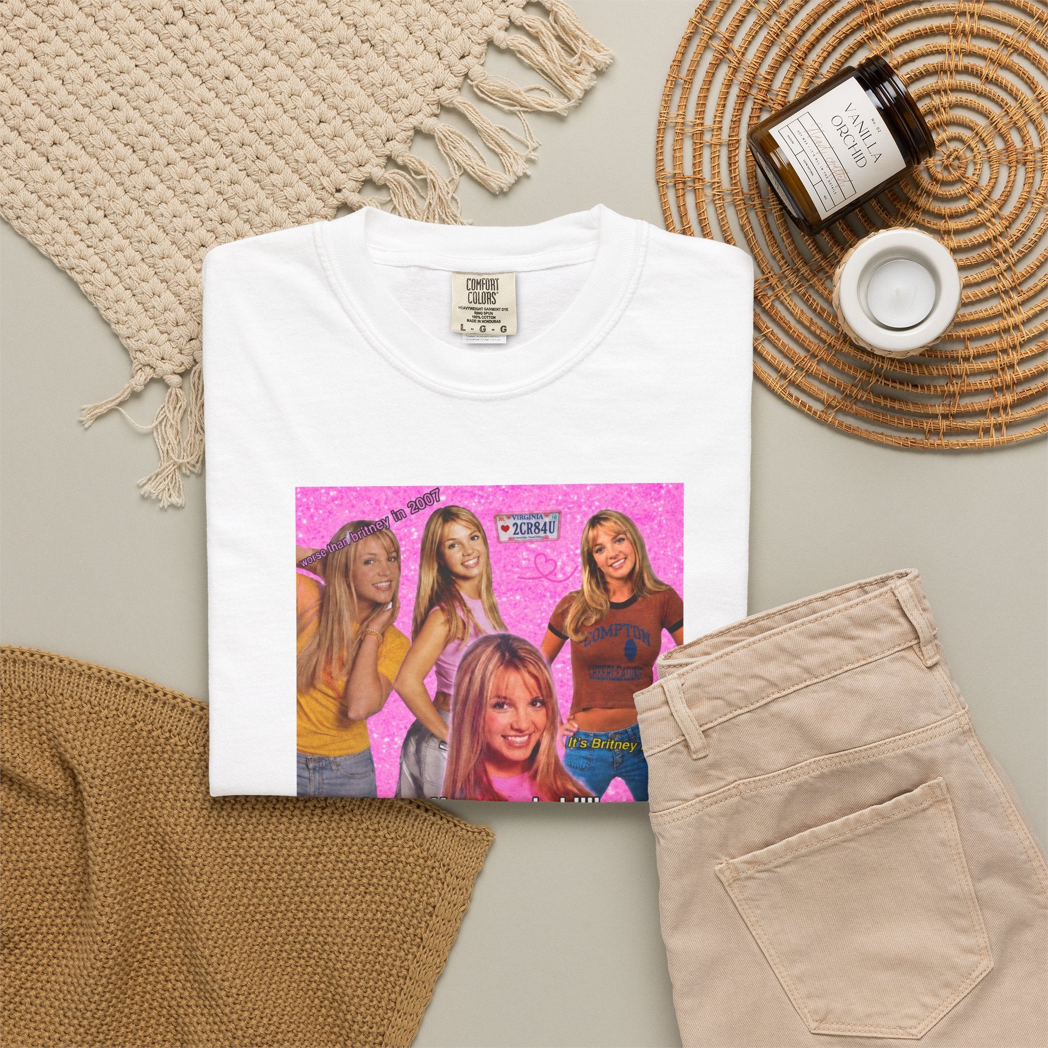 Cotton Y2K Britney Spears "My Loneliness Is Killing Me" government meme T-shirt with printed graphic on front.
