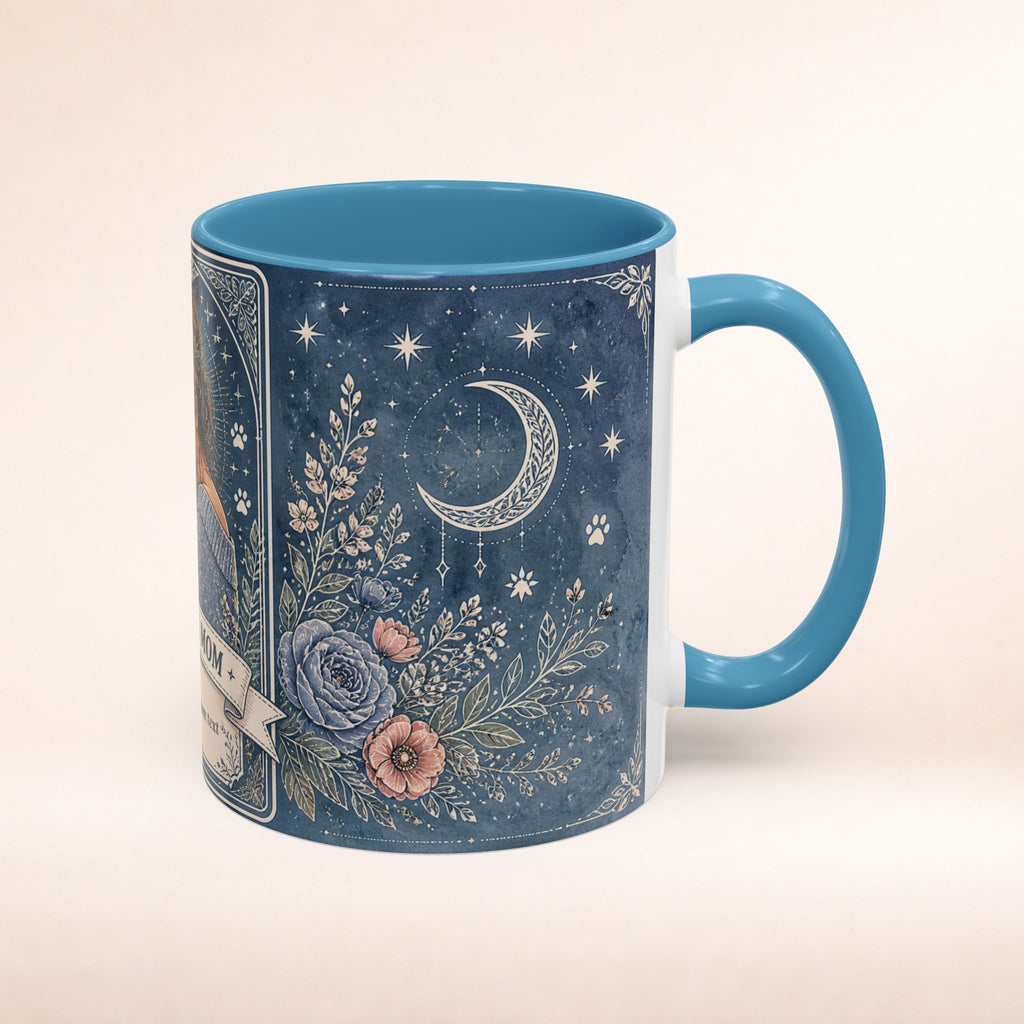 Personalized 'The Corgi Mom' tarot card accent coffee mug with custom dog mom design and cute graphic for dog lovers.