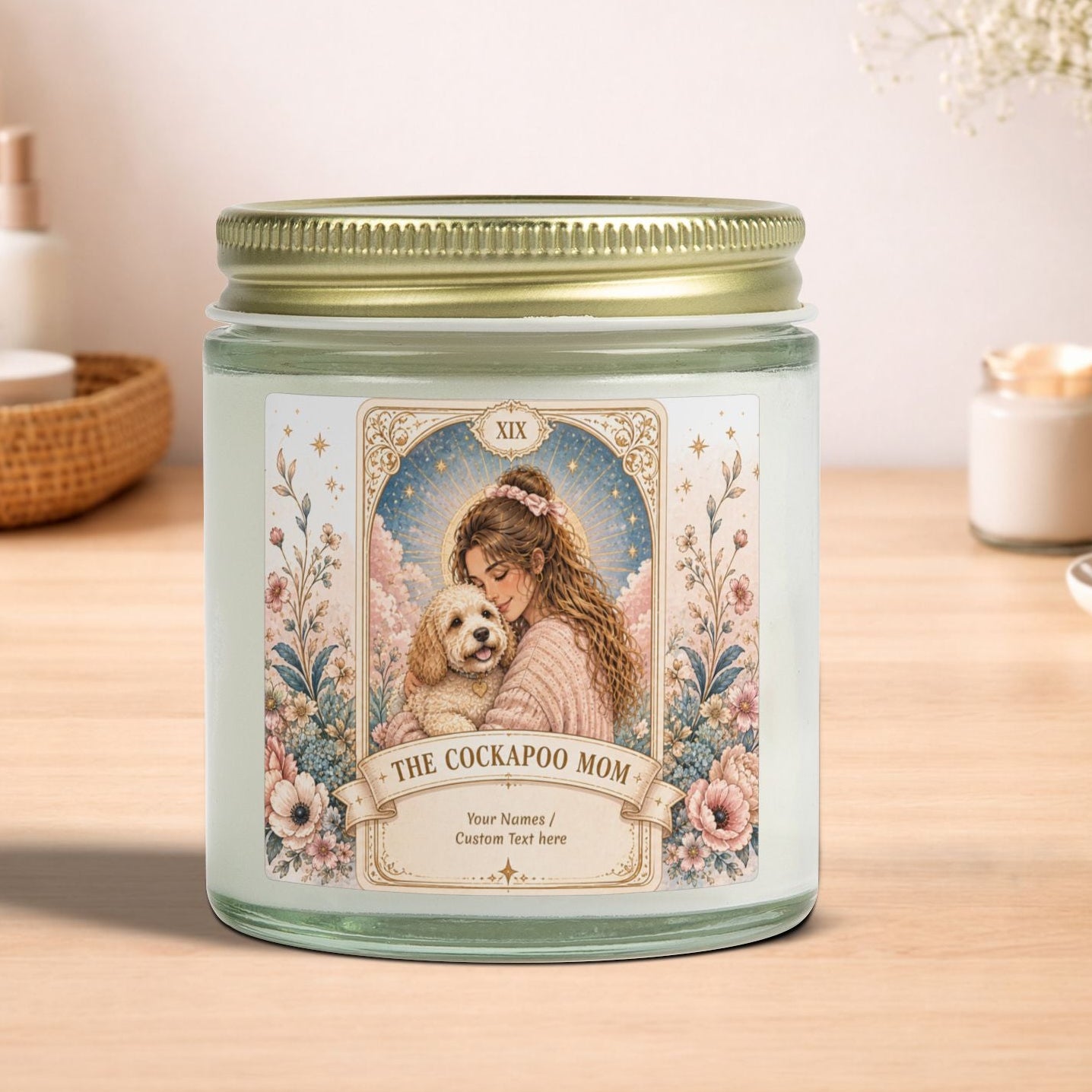 Personalized Tarot 'The Cockapoo Mom' scented candle in coconut apricot scent, available in 4oz and 9oz sizes, custom printed.