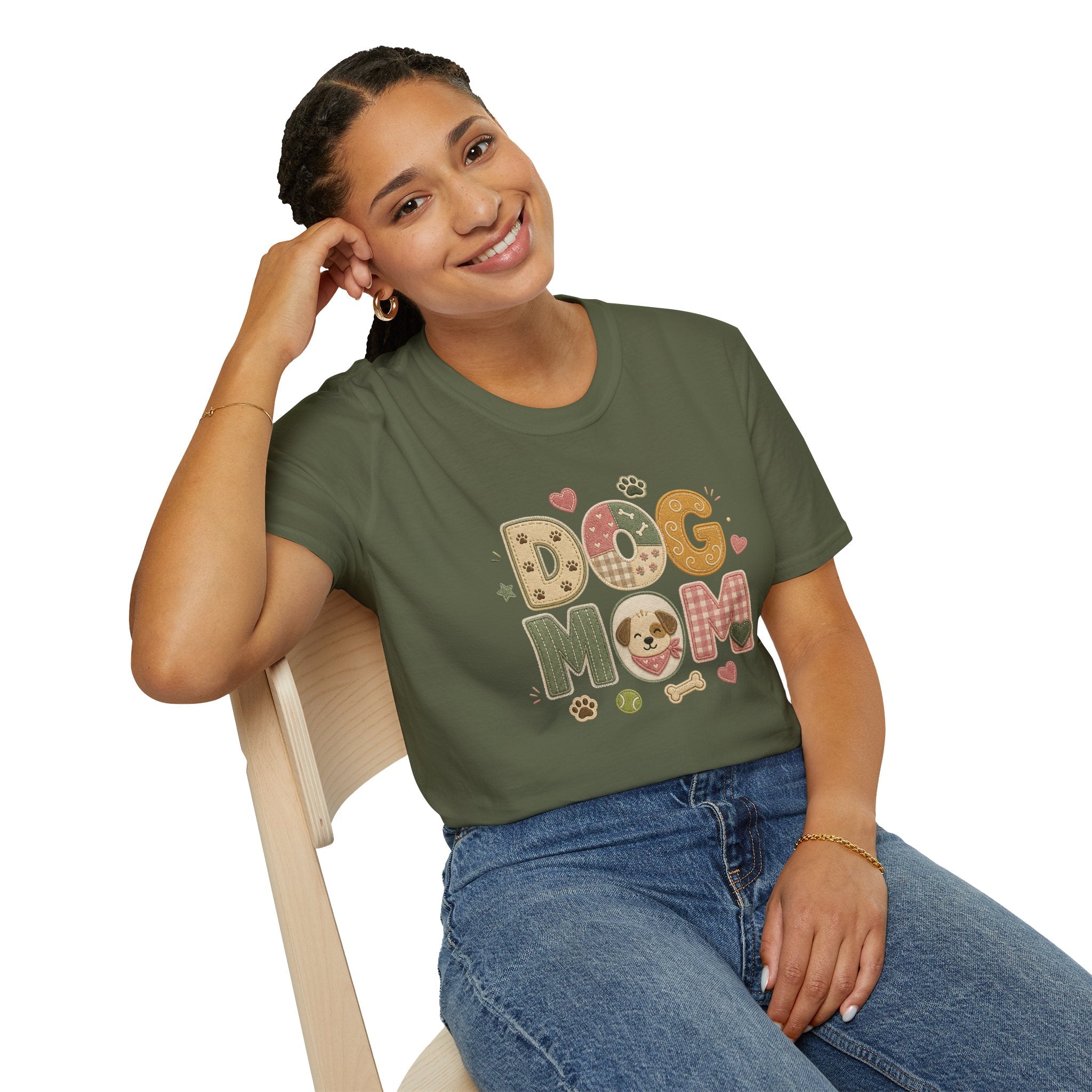 Colorful dog lover T-shirt featuring a patchwork design for dog moms, stylish women's shirt by Printify.