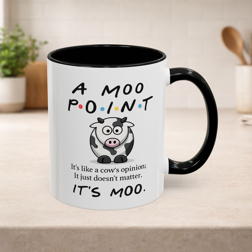 Friends Moo Point Mug featuring a cow design, a humorous coffee mug perfect for fans of funny animal-themed drinkware.