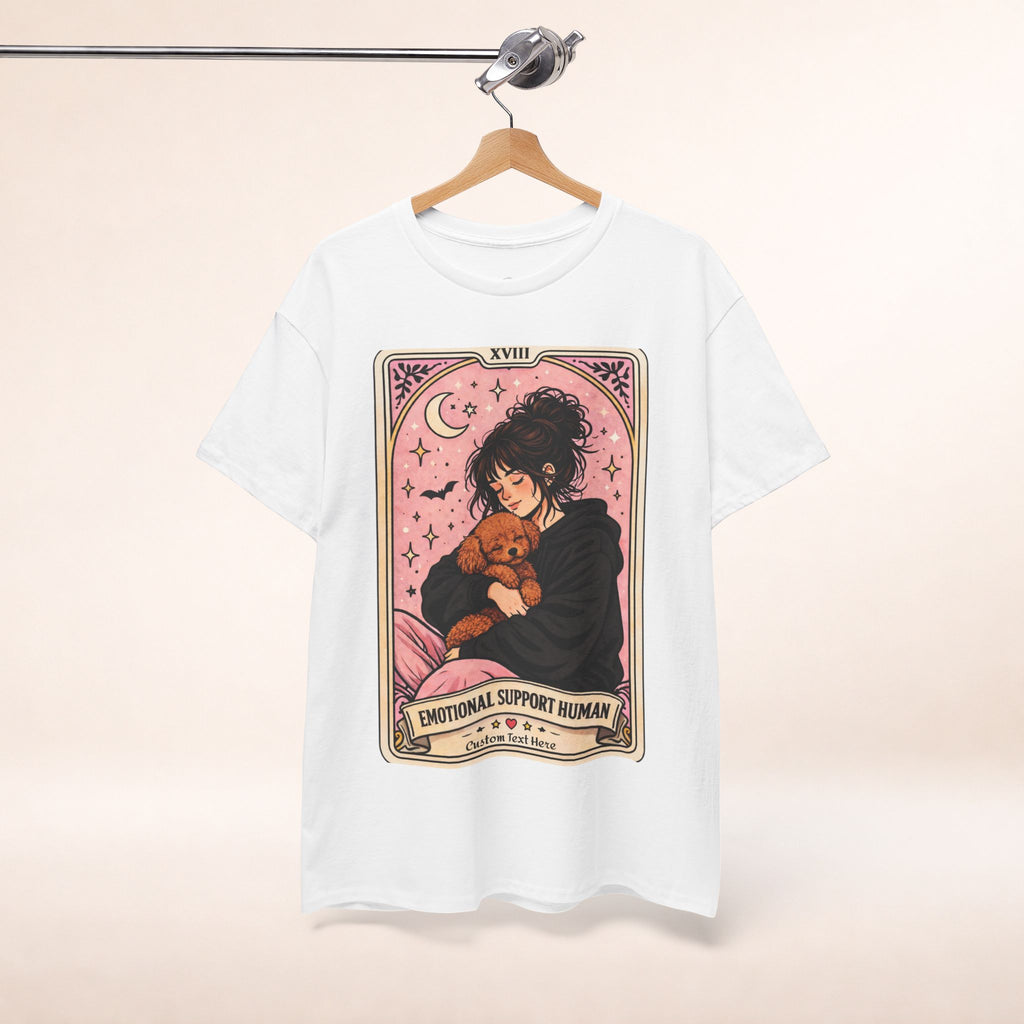 Personalized humorous T-shirt featuring a dog mom tarot design, perfect for emotional support, anxiety comfort, and poodle moms.