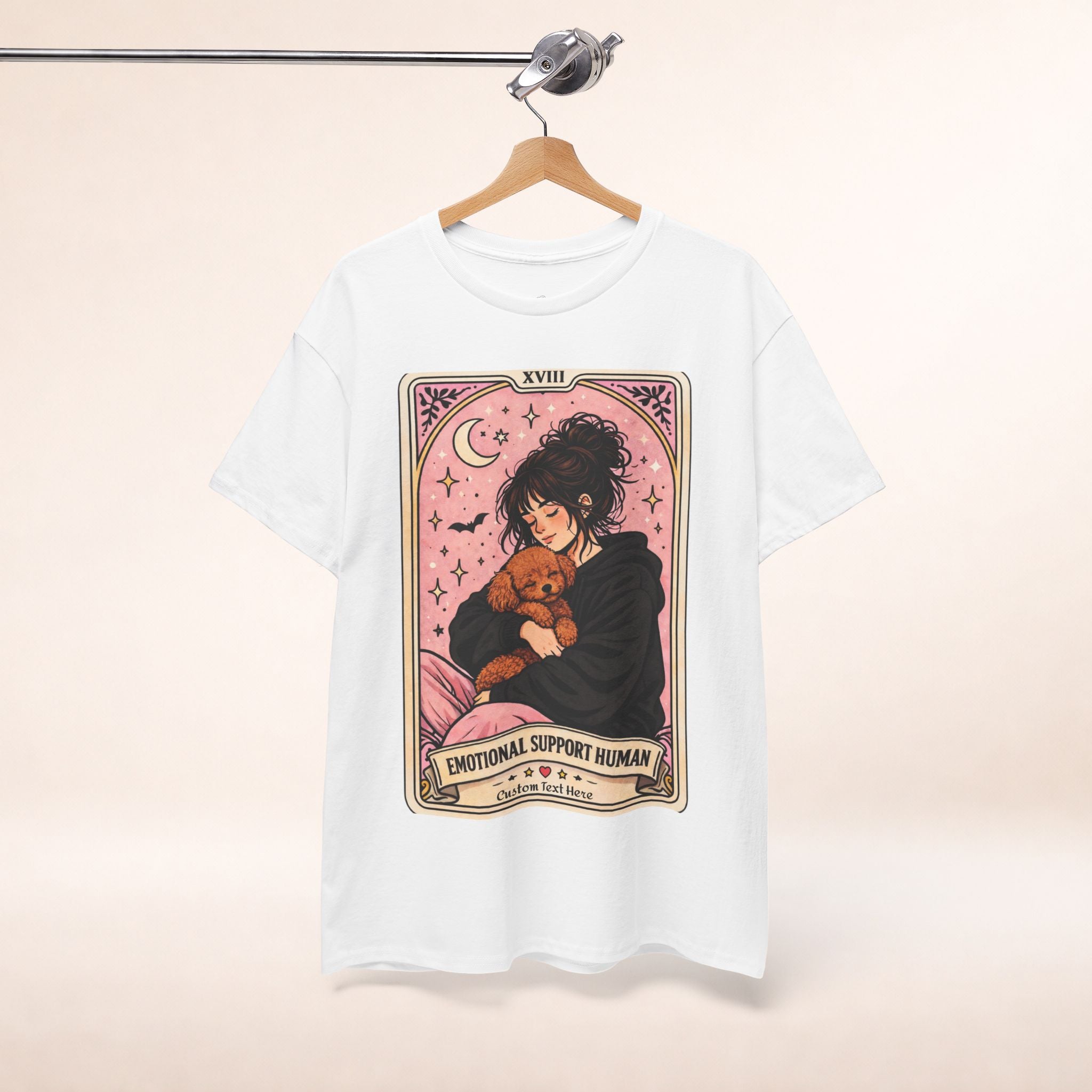 Personalized humorous T-shirt featuring a dog mom tarot design, perfect for emotional support, anxiety comfort, and poodle moms.