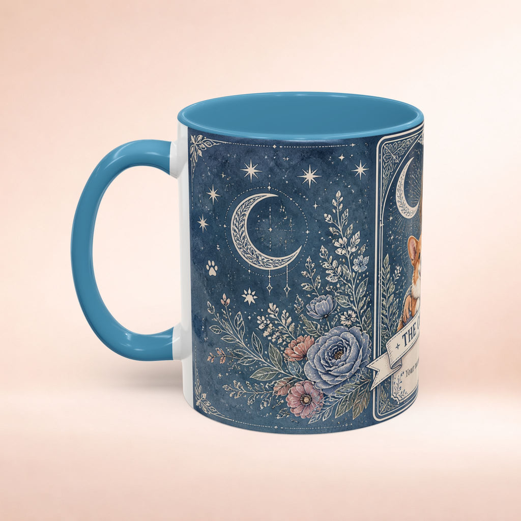 Personalized 'The Corgi Mom' tarot card accent coffee mug with custom dog mom design, ceramic, perfect gift for Corgi lovers