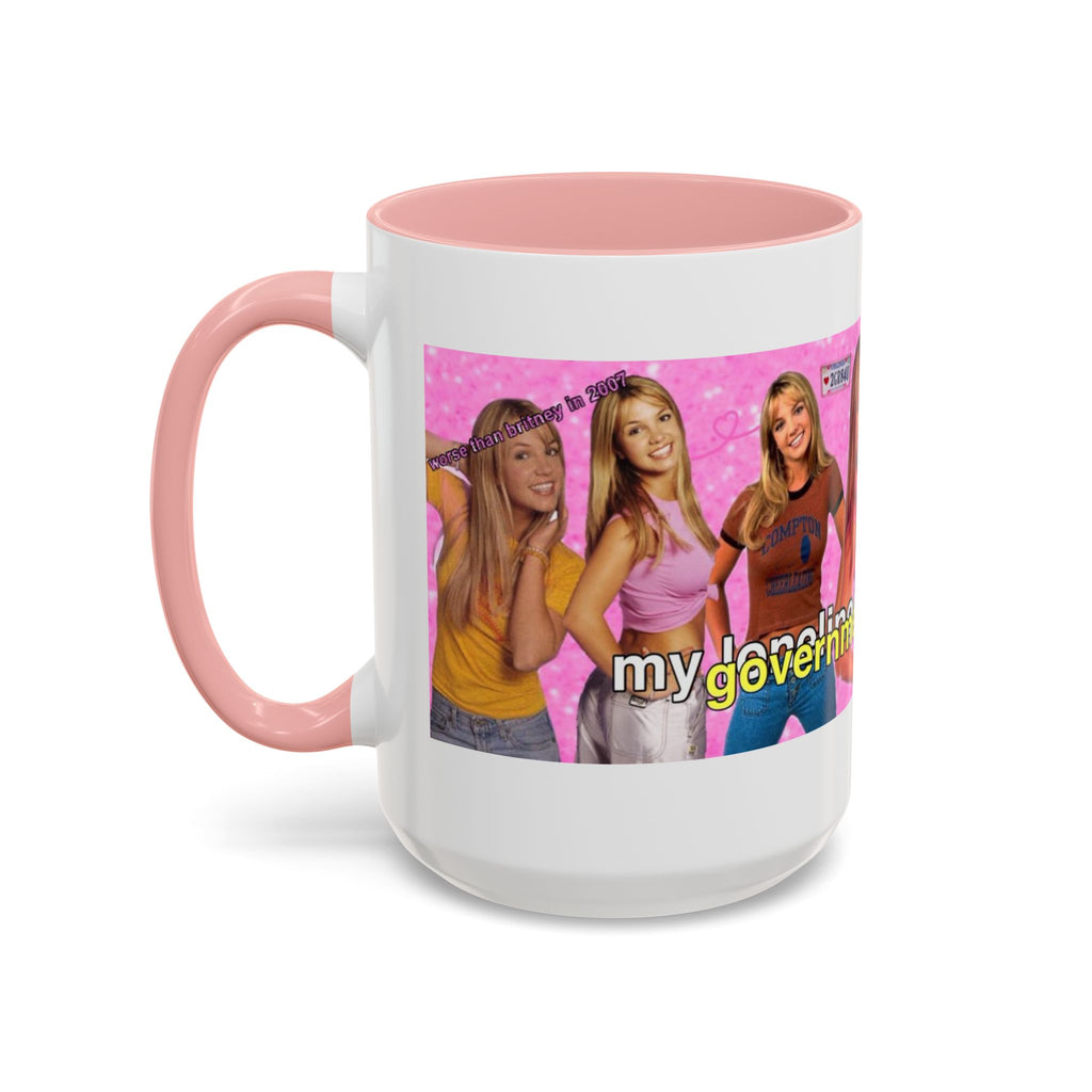Y2K Britney collage coffee mug with "My Government is killing me" slogan, featuring colorful Britney Spears images on a ceramic mug.