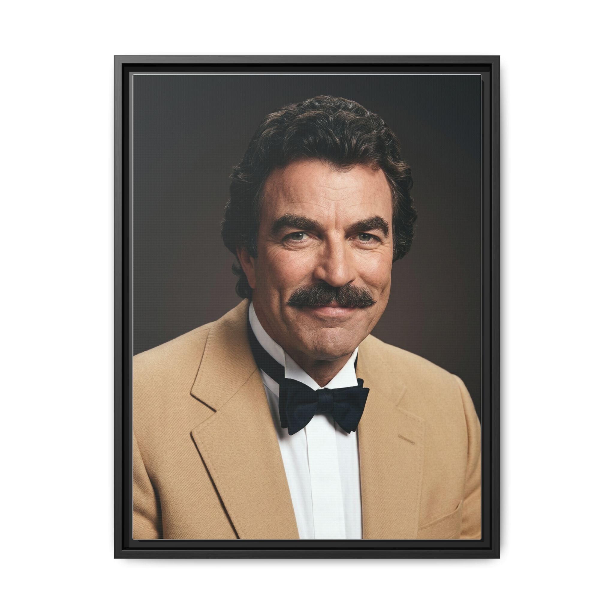 Vintage framed Tom portrait canvas wall art featuring a retro man cave bar decor with a wooden frame, by Printify.