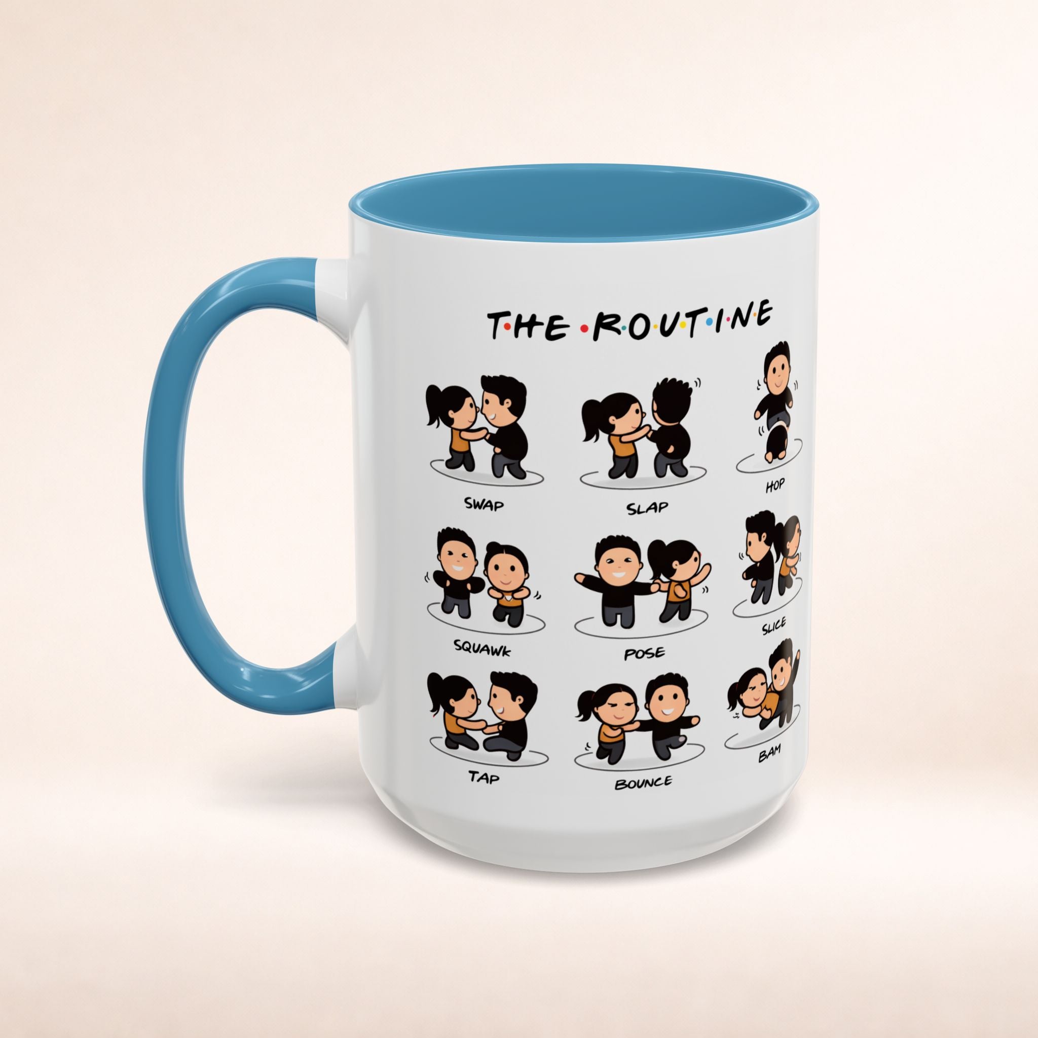 Friends-inspired funny "The Routine" accent coffee mug with humorous design, made by Printify, featuring a ceramic mug for coffee or tea.