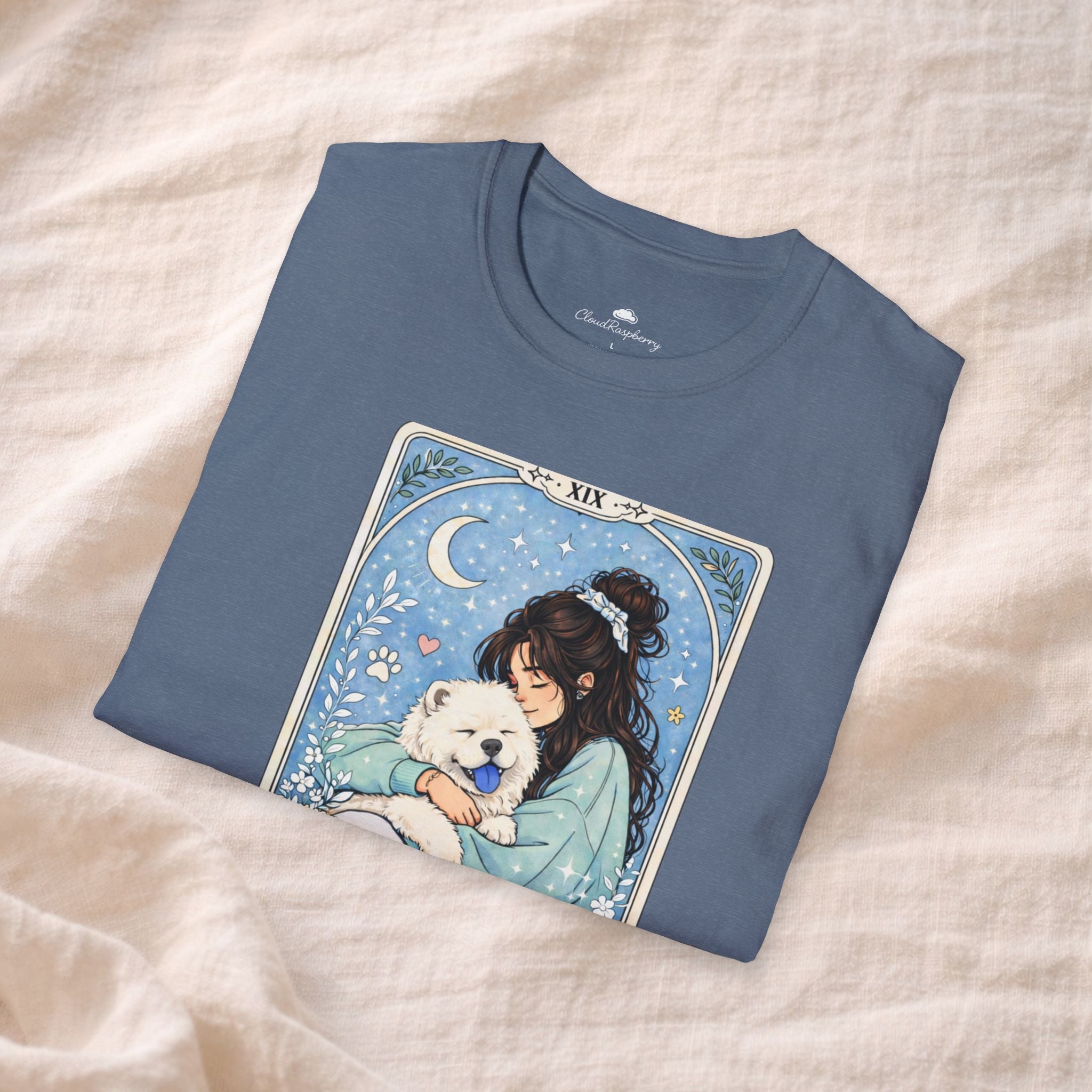 Personalized Chow Chow Mom tarot card t-shirt with custom dog mom name and Chow Chow image, perfect for dog lovers.