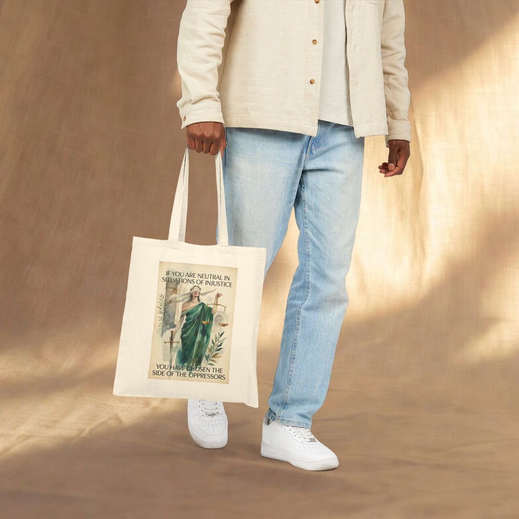 Social justice tote bag featuring Lady Justice and the message "If you are neutral you have chosen the oppressors" by Printify.