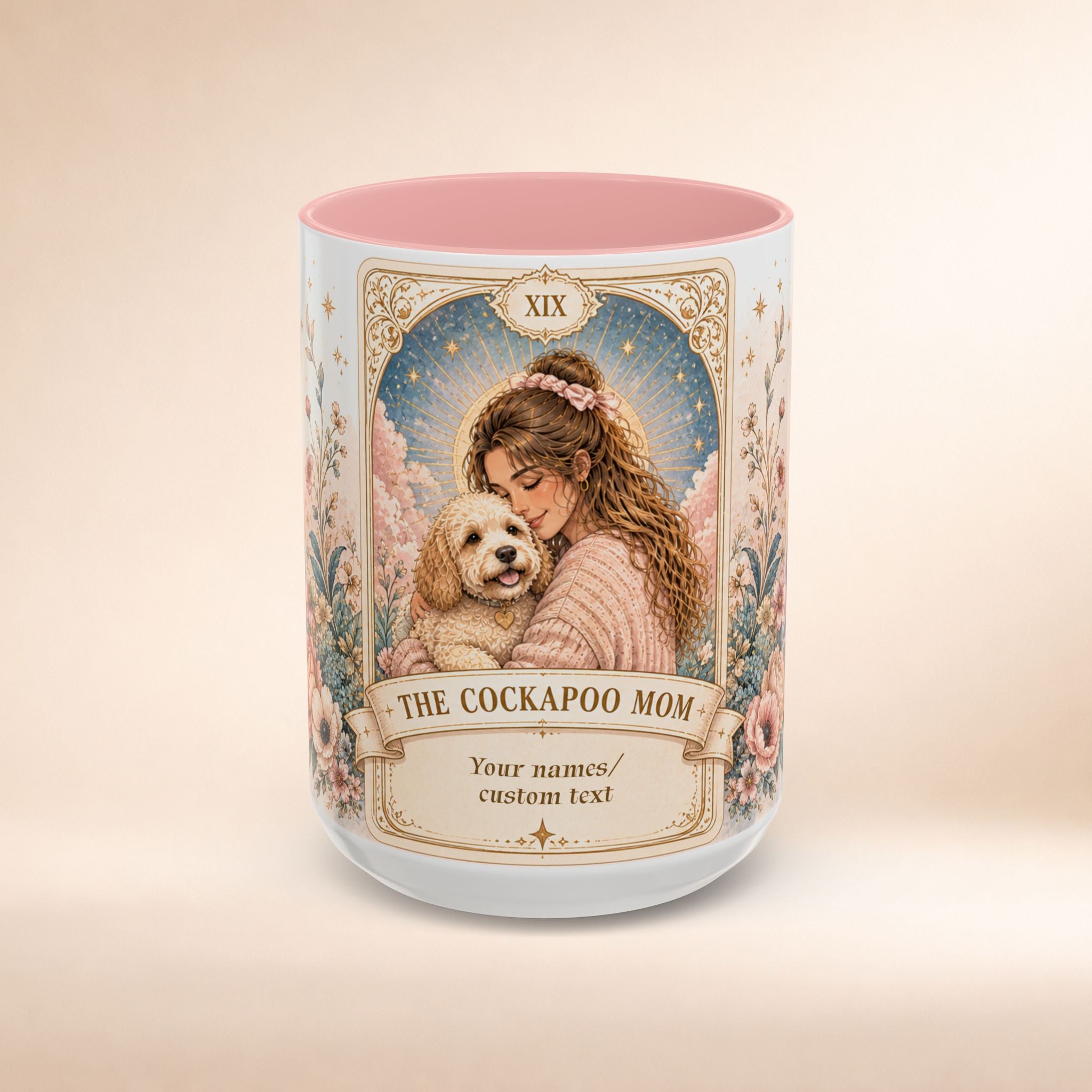 Personalized floral tarot-style dog mom mug featuring a Cockapoo illustration, 11oz custom accent coffee mug.