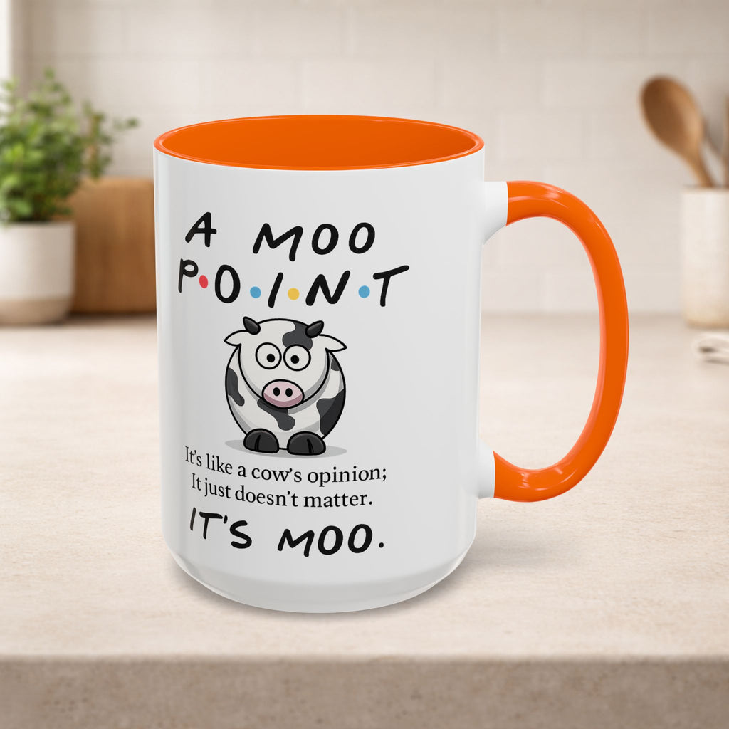 Friends Moo Point Mug by Printify featuring a humorous cow design, perfect for coffee or tea enthusiasts.