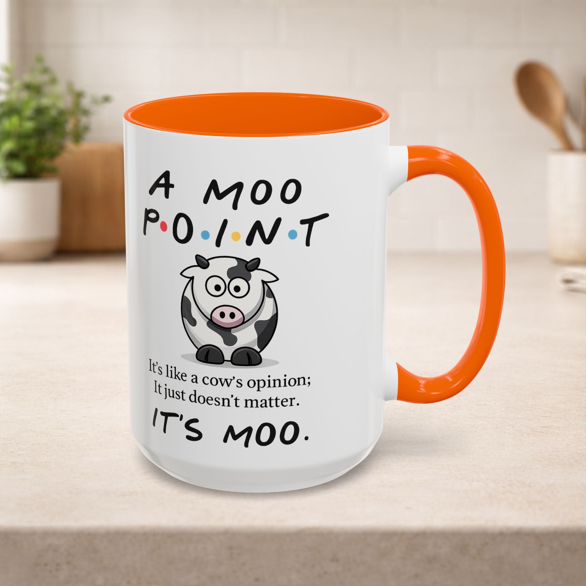 Friends Moo Point Mug by Printify featuring a humorous cow design, perfect for coffee or tea enthusiasts.