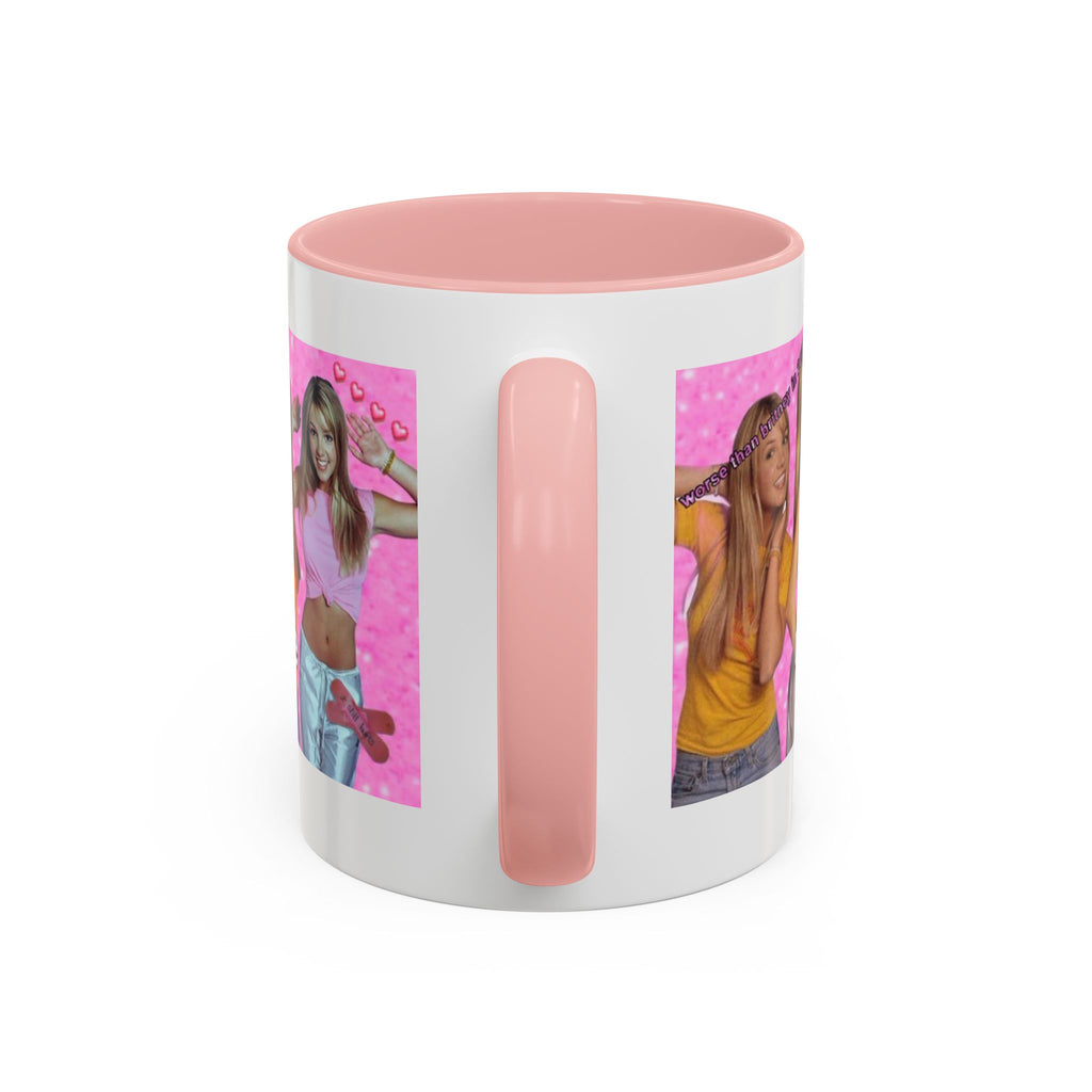 Y2K Britney collage accent coffee mug with "My Government is killing me" slogan, featuring colorful Britney images and bold text.
