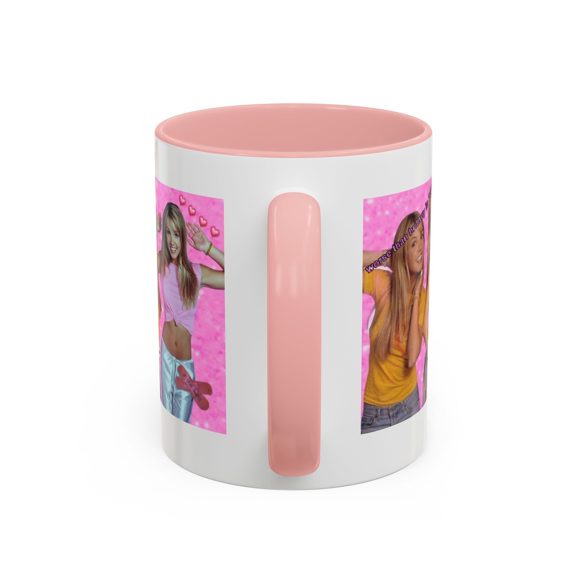 Y2K Britney collage accent coffee mug with "My Government is killing me" slogan, featuring colorful Britney images and bold text.