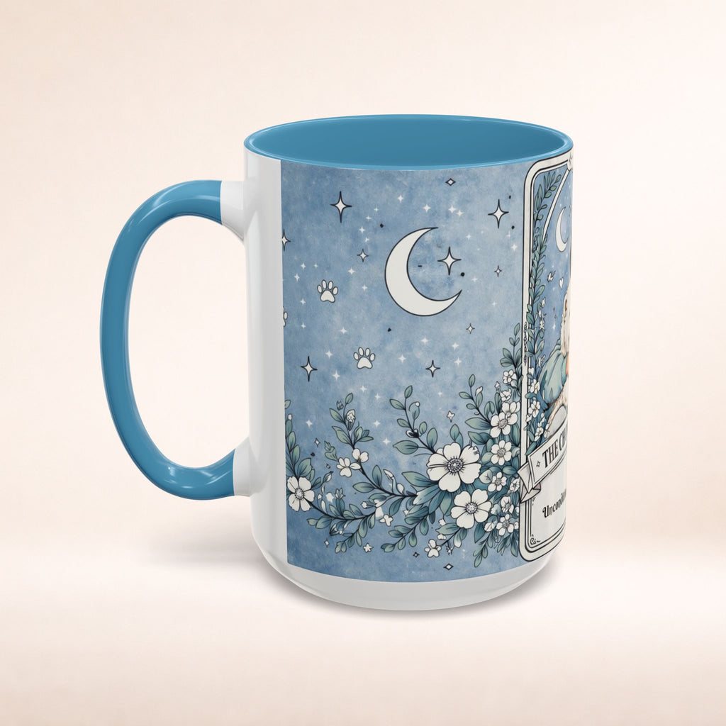 Personalized Chow Chow Mom tarot card mug with custom name, featuring a Chow Chow dog and love-themed design for dog lovers.