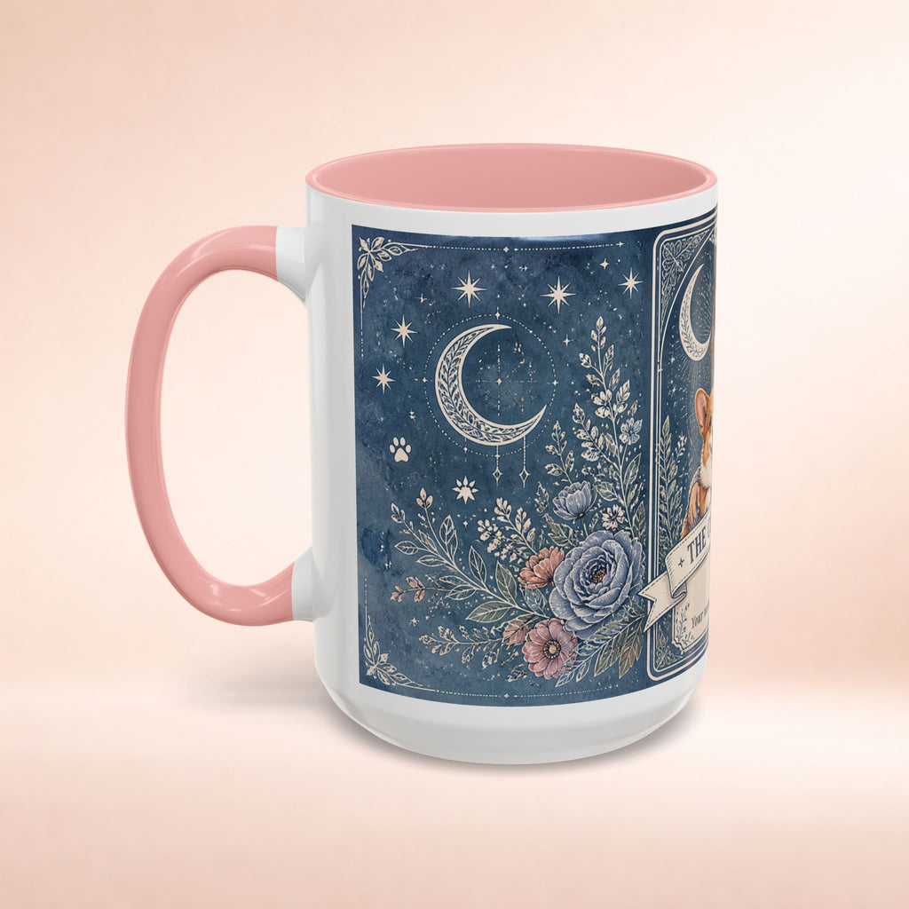 Personalized Corgi Mom tarot card coffee mug with custom dog mom design, featuring a cute Corgi illustration on a white ceramic mug.
