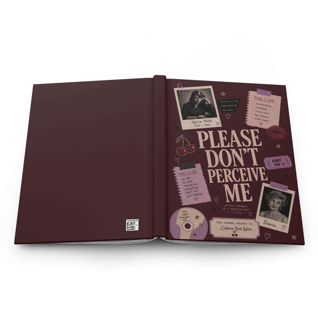 Personalized Sylvia Plath inspired journal with "Please Don’t Perceive Me" cover, hardcover notebook for writing and journaling.