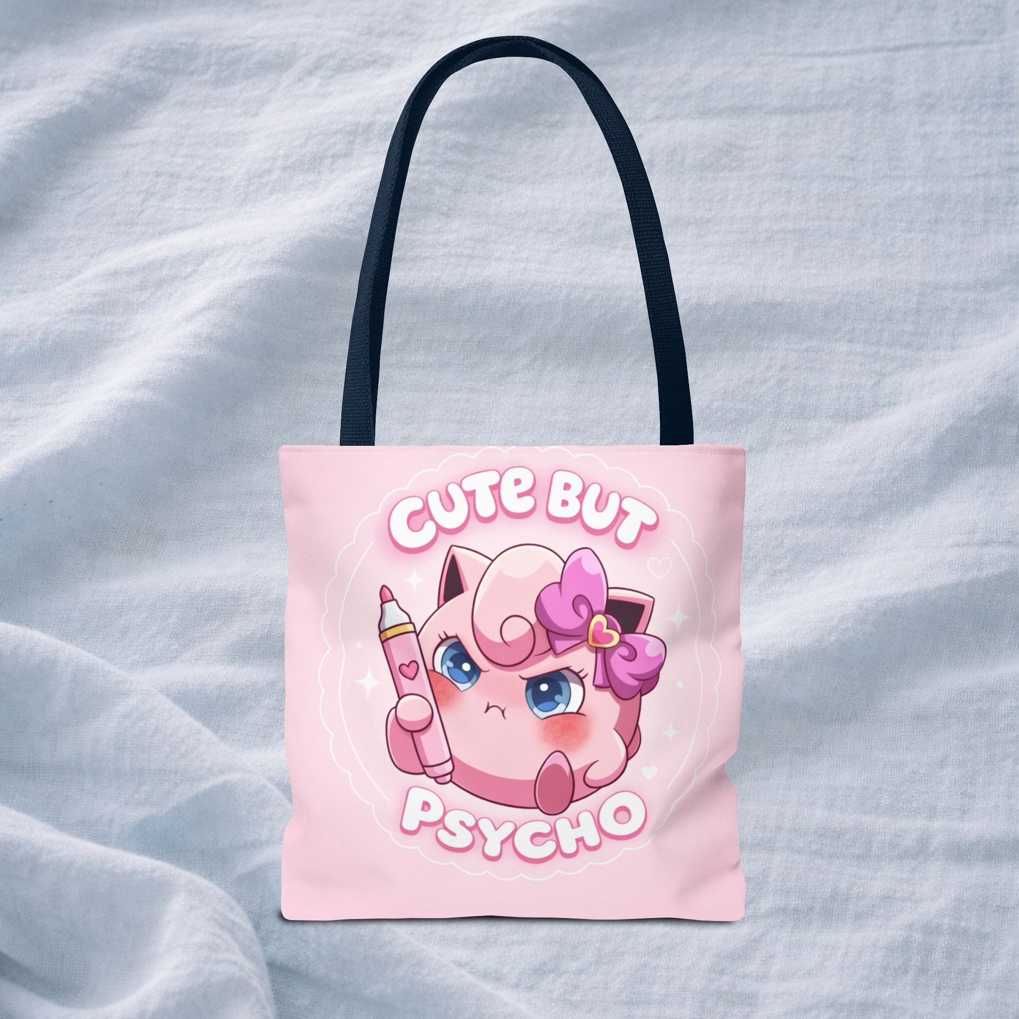 Pink "Cute But Psycho" tote bag by Printify featuring kawaii style text and a casual shopper bag design.