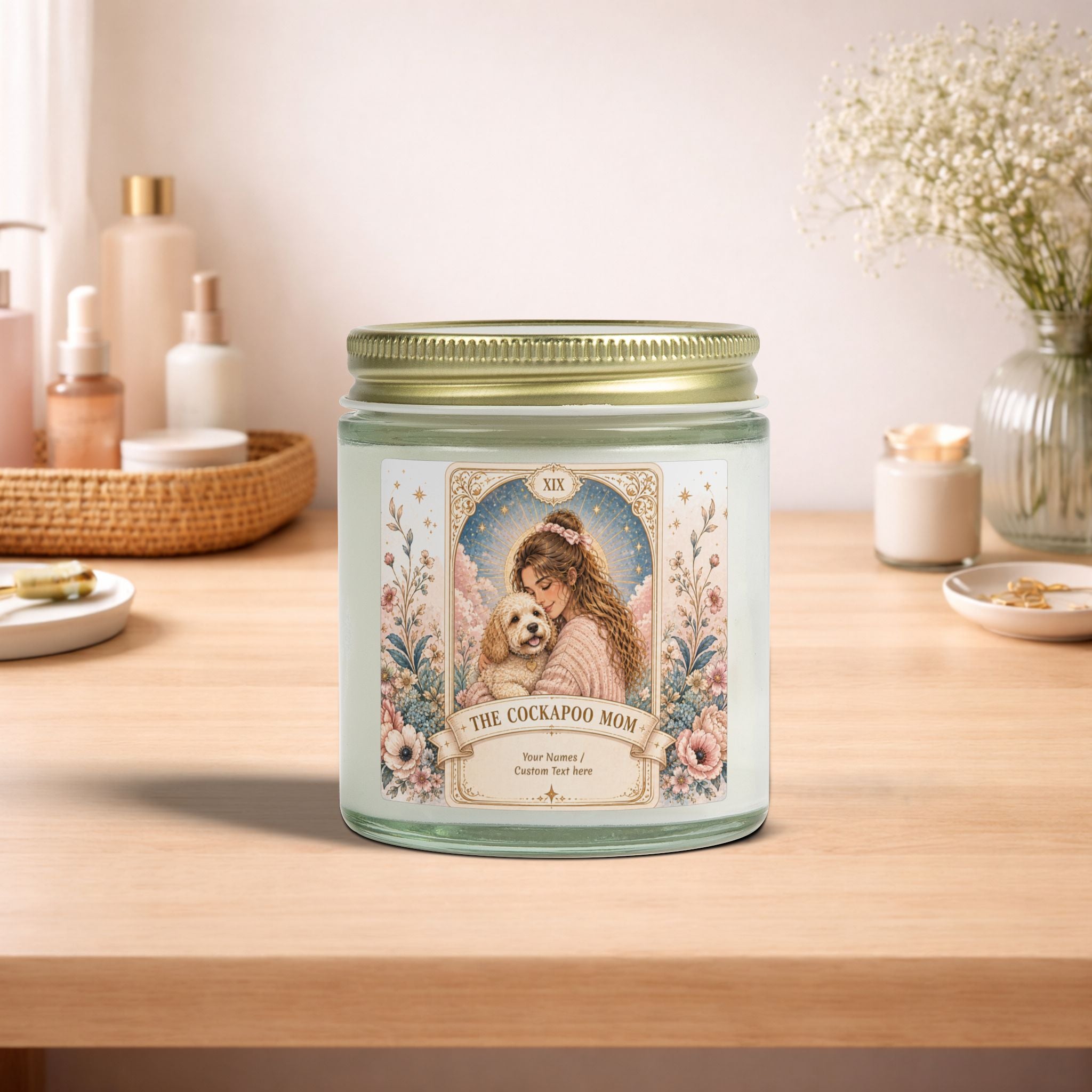Personalized Tarot 'The Cockapoo Mom' scented candle by Printify, coconut apricot fragrance, 4oz or 9oz size, custom design.