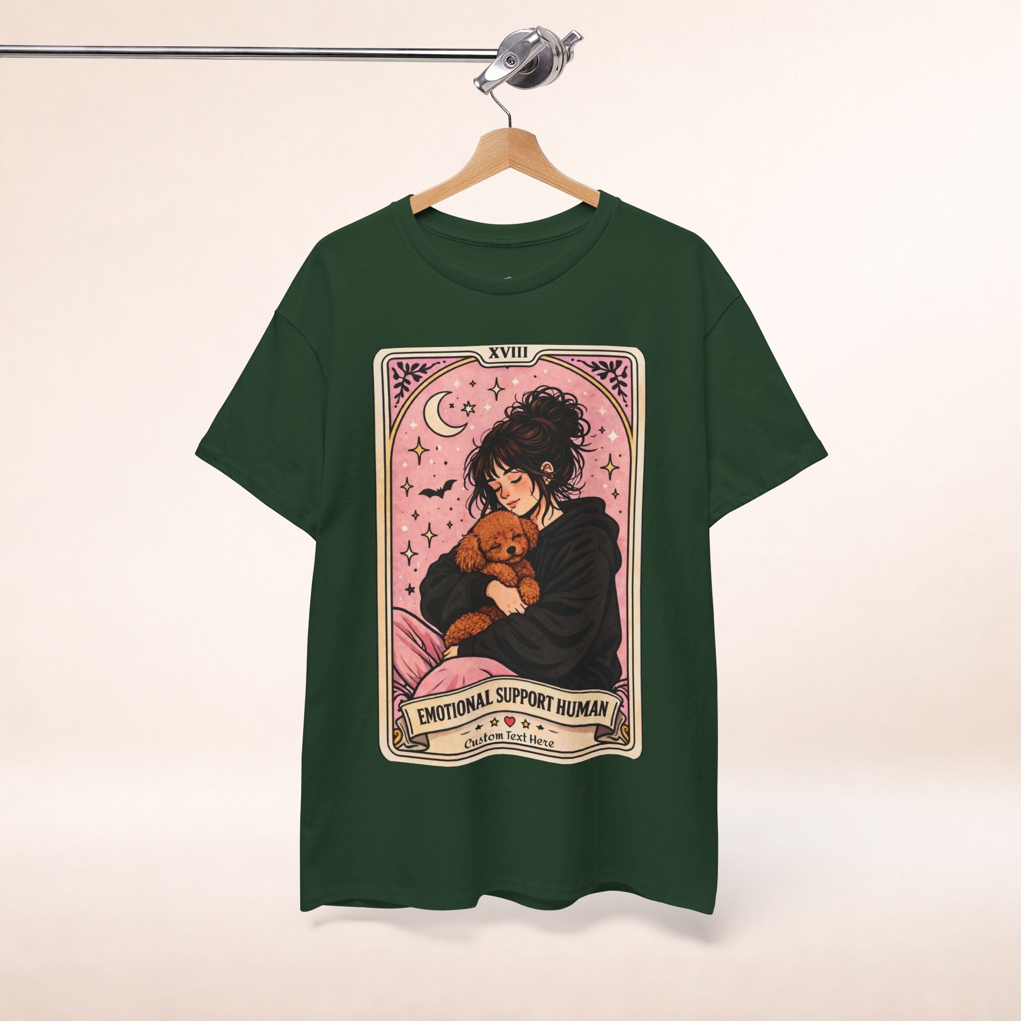 Personalized emotional support T-shirt featuring a funny dog mom and tarot-themed design, ideal for poodle moms seeking comfort.