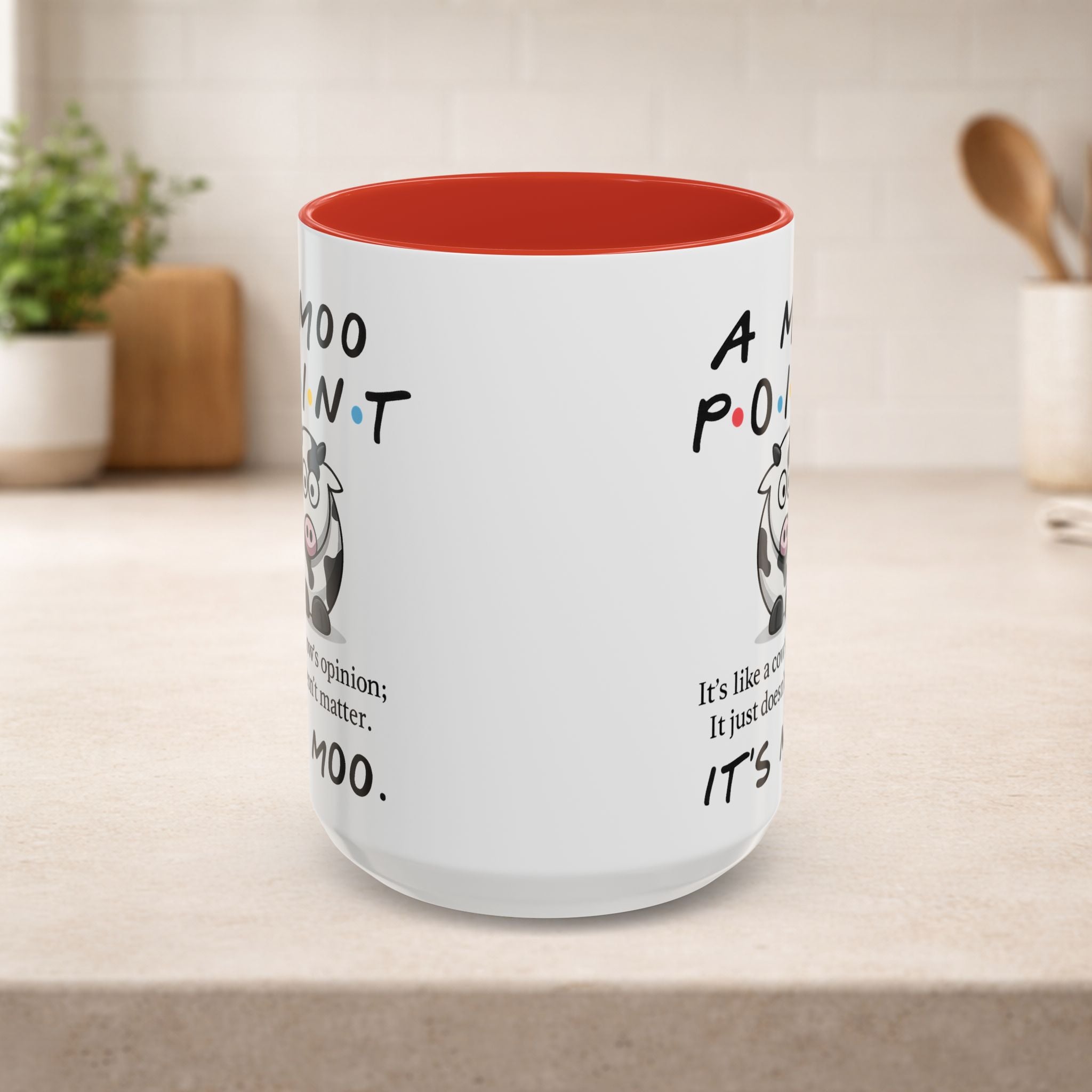 Funny cow opinion mug featuring the phrase "Moo Point" on a ceramic coffee mug by Printify.