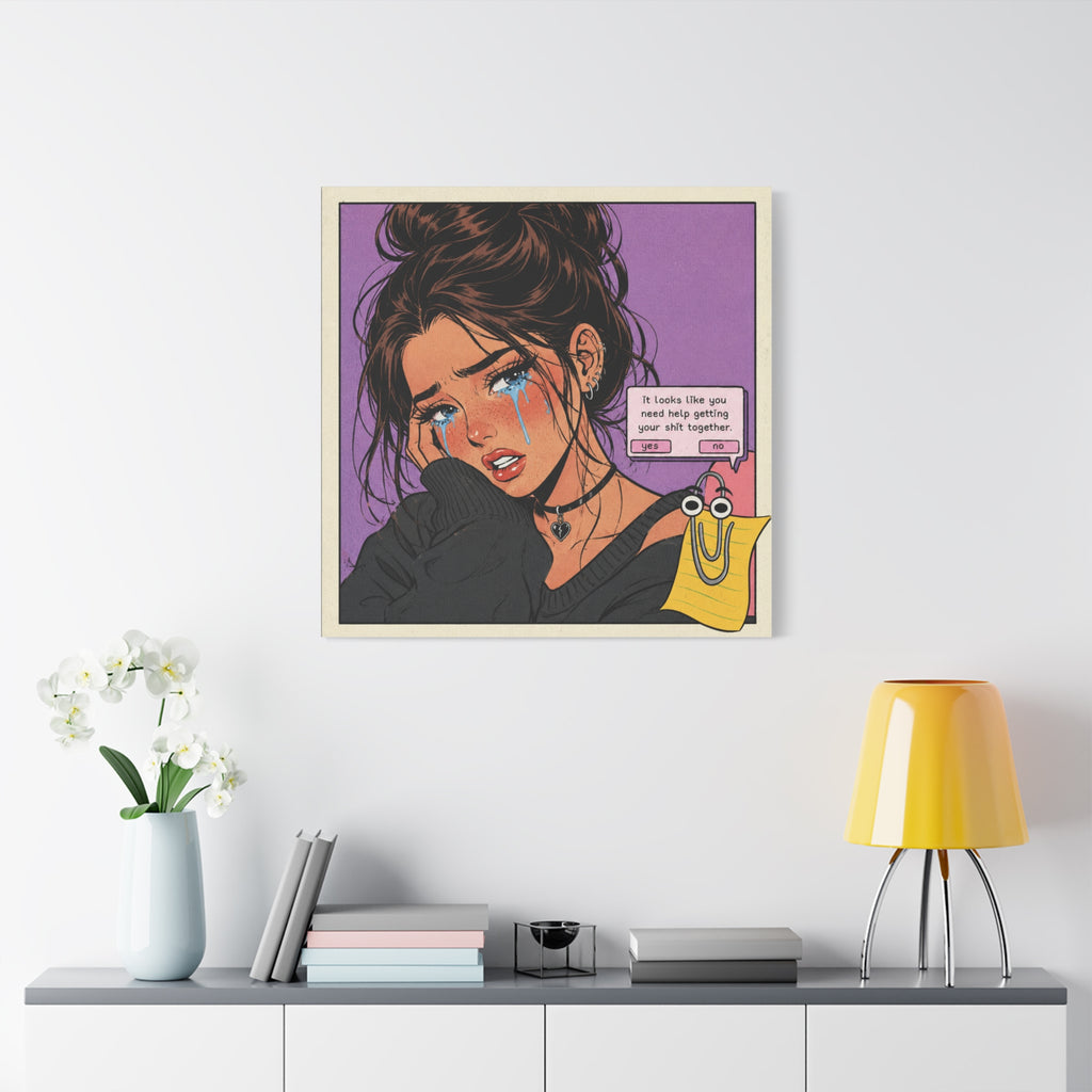 Retro sad girl pop art canvas print featuring a distressed girl with bold text, designed for artistic home decor.