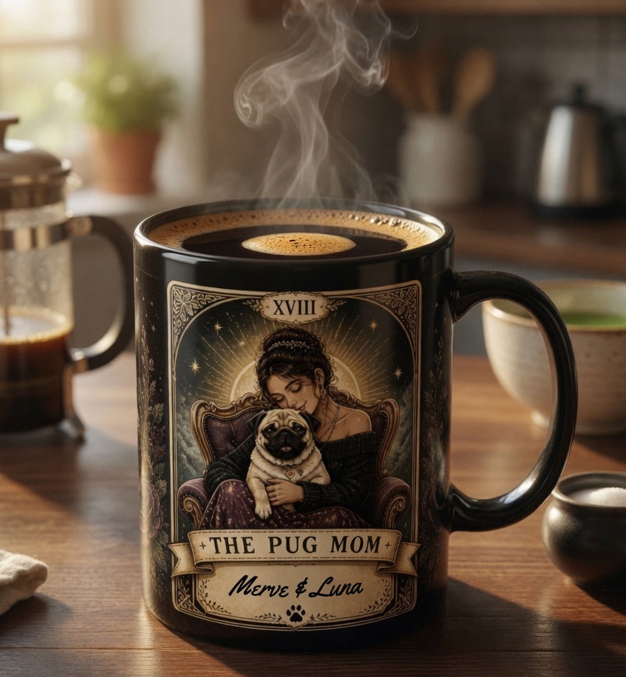 Personalized "The Pug Mom" vintage tarot-style black coffee mug with custom text, featuring pug illustration, by Printify.