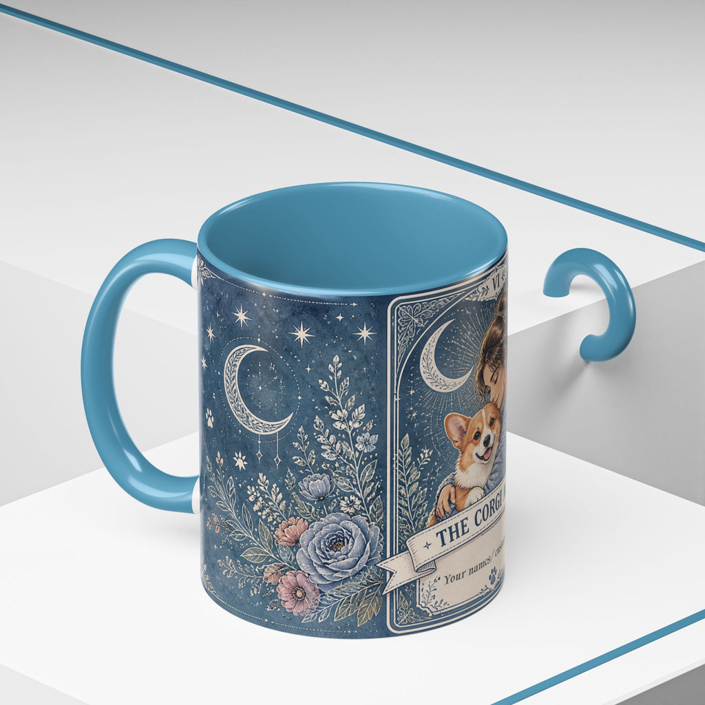 Personalized 'The Corgi Mom' tarot card coffee mug with dog print, custom dog mom gift, featuring a cute Corgi design.