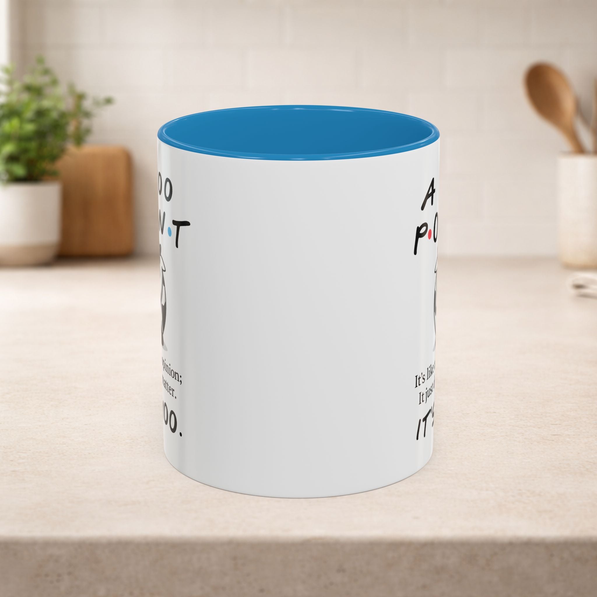 Friends Moo Point Mug, a funny cow-themed coffee mug by Printify with a humorous quote, suitable for fans of humorous drinkware.