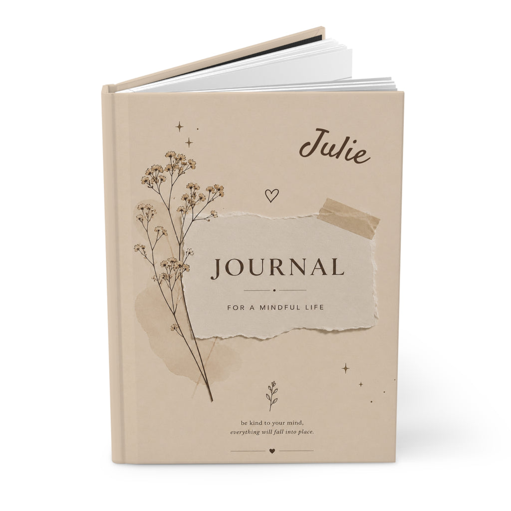 Personalized Neutral Aesthetic Journal, Custom Name Notebook, Minimalist Beige Floral Journal, Mindfulness Diary Gift for Women